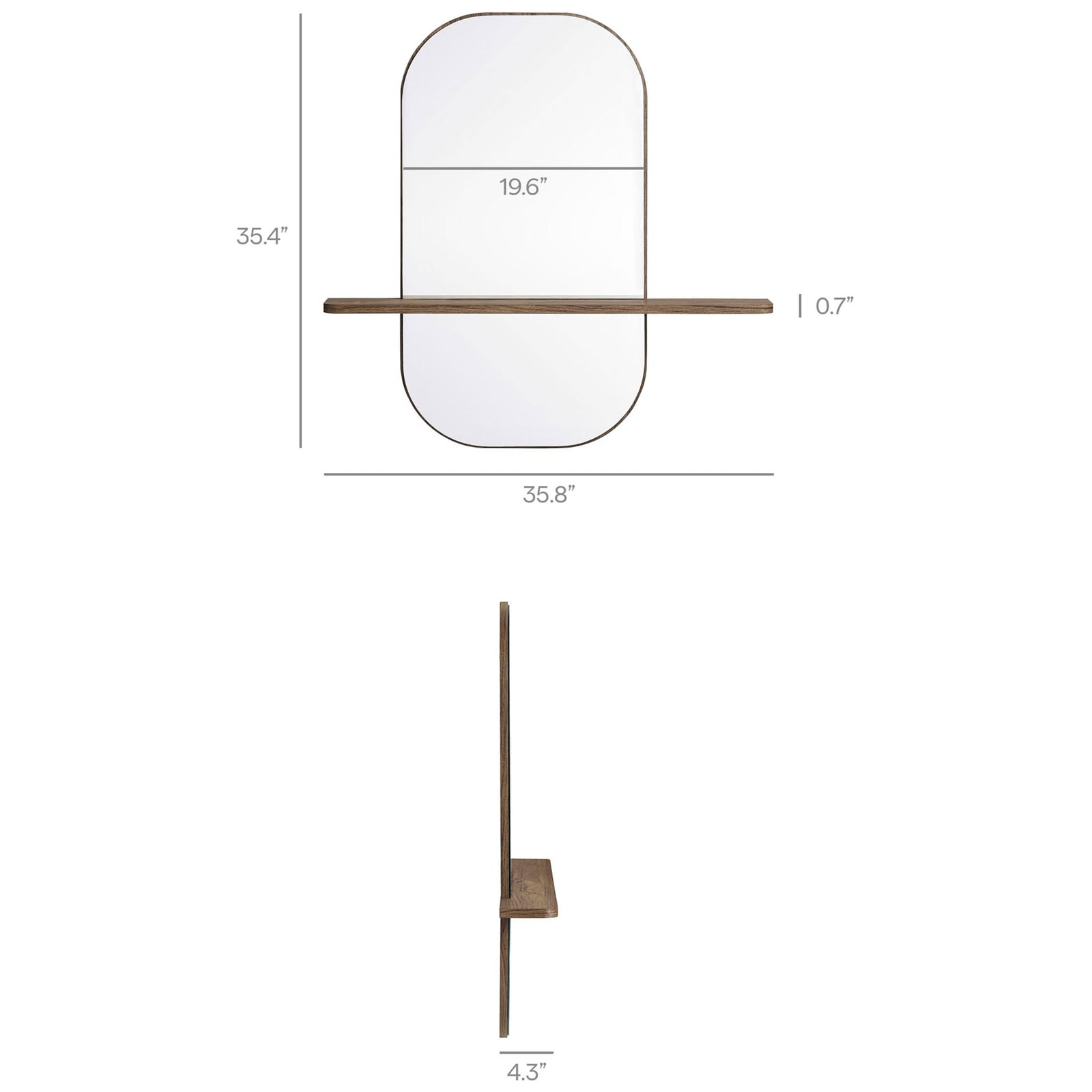 Graphic with detailed dimensions for the oversized walnut Solstice mirror with shelf. || EEI-7533-WAL || dimension_studio