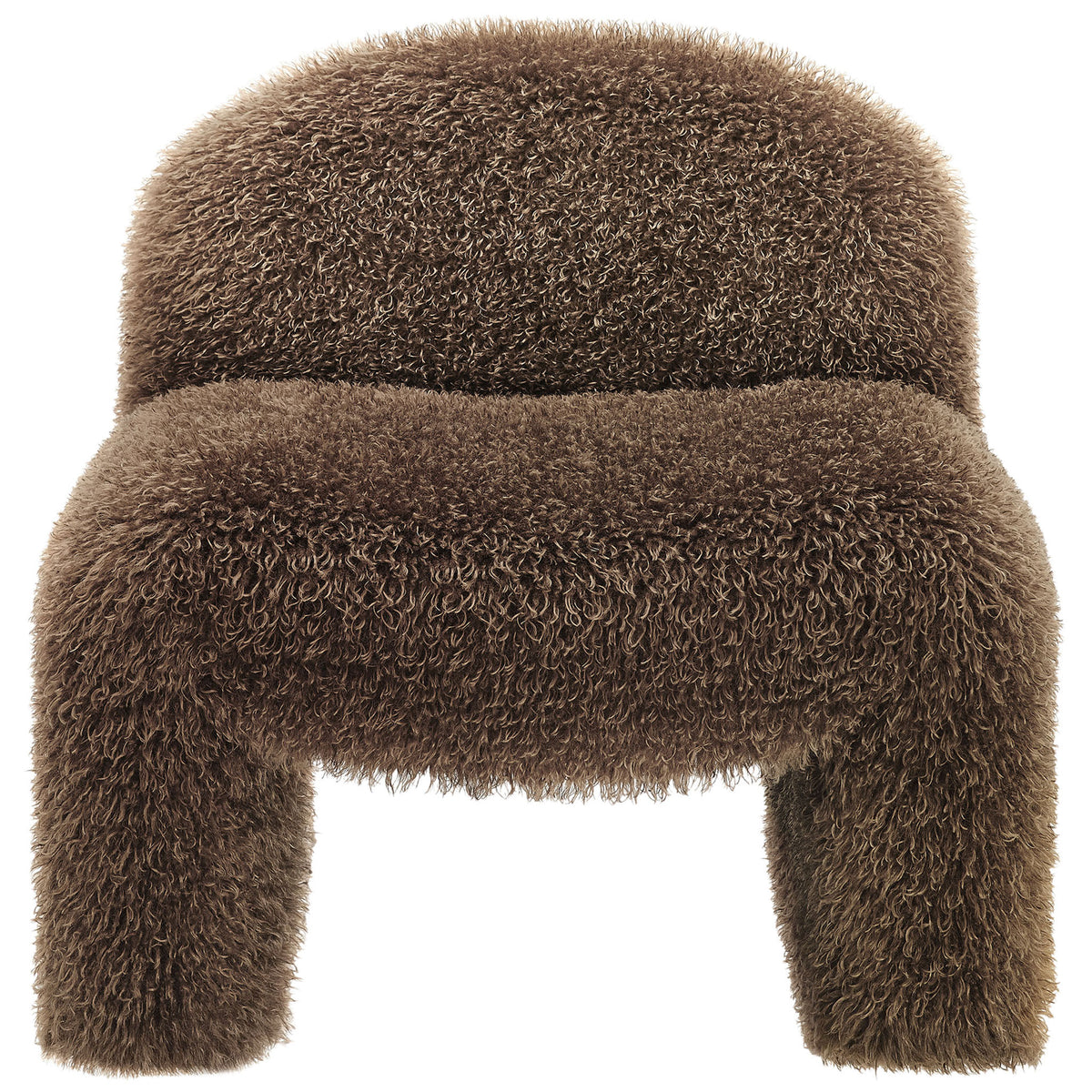 Cozy brown faux fur chair with a curved backrest and generous seat for inviting lounge comfort || EEI-7534-BRN || front_studio