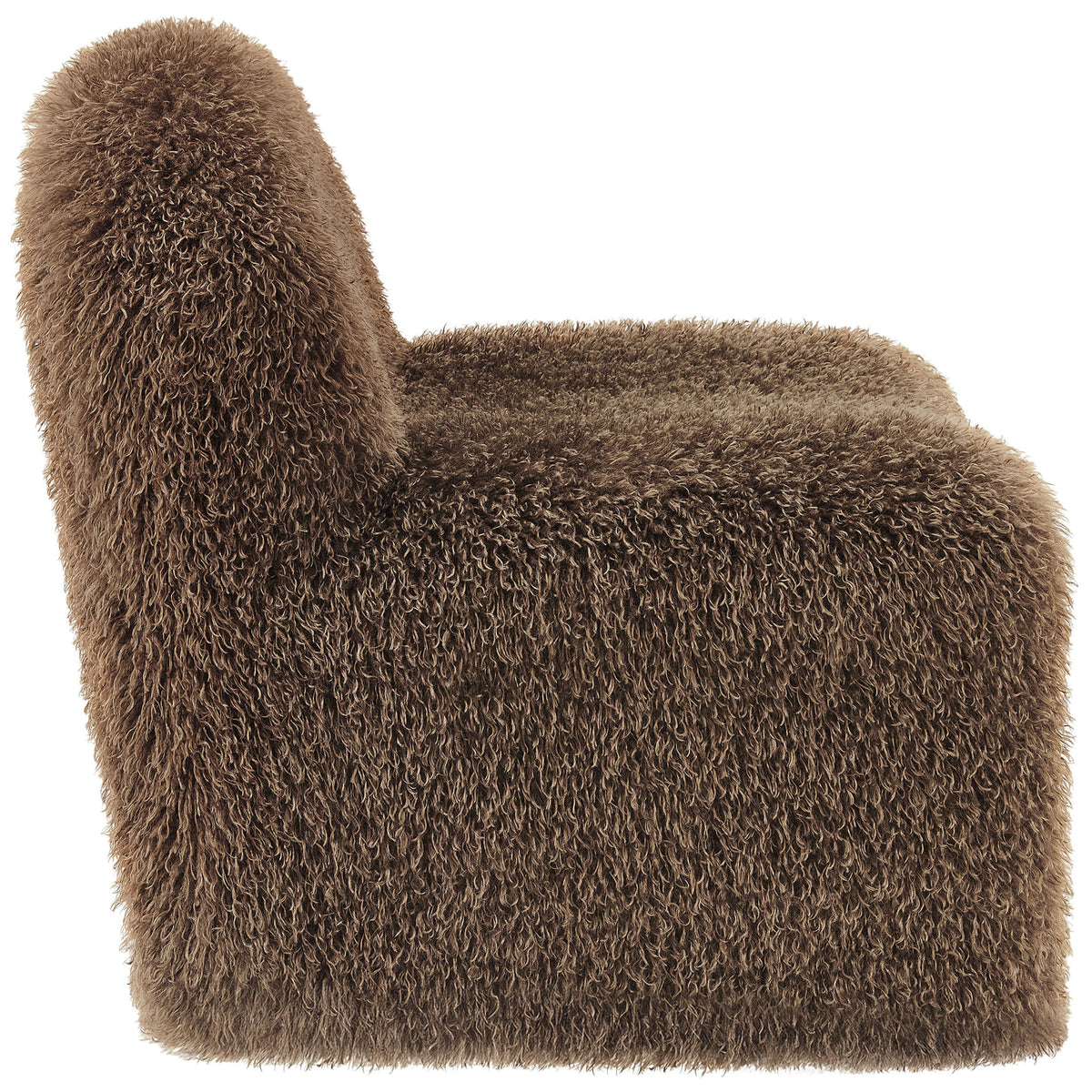 Armless profile showcases the curved silhouette and thick cushioning wrapped in shaggy faux fur || EEI-7534-BRN || side_studio