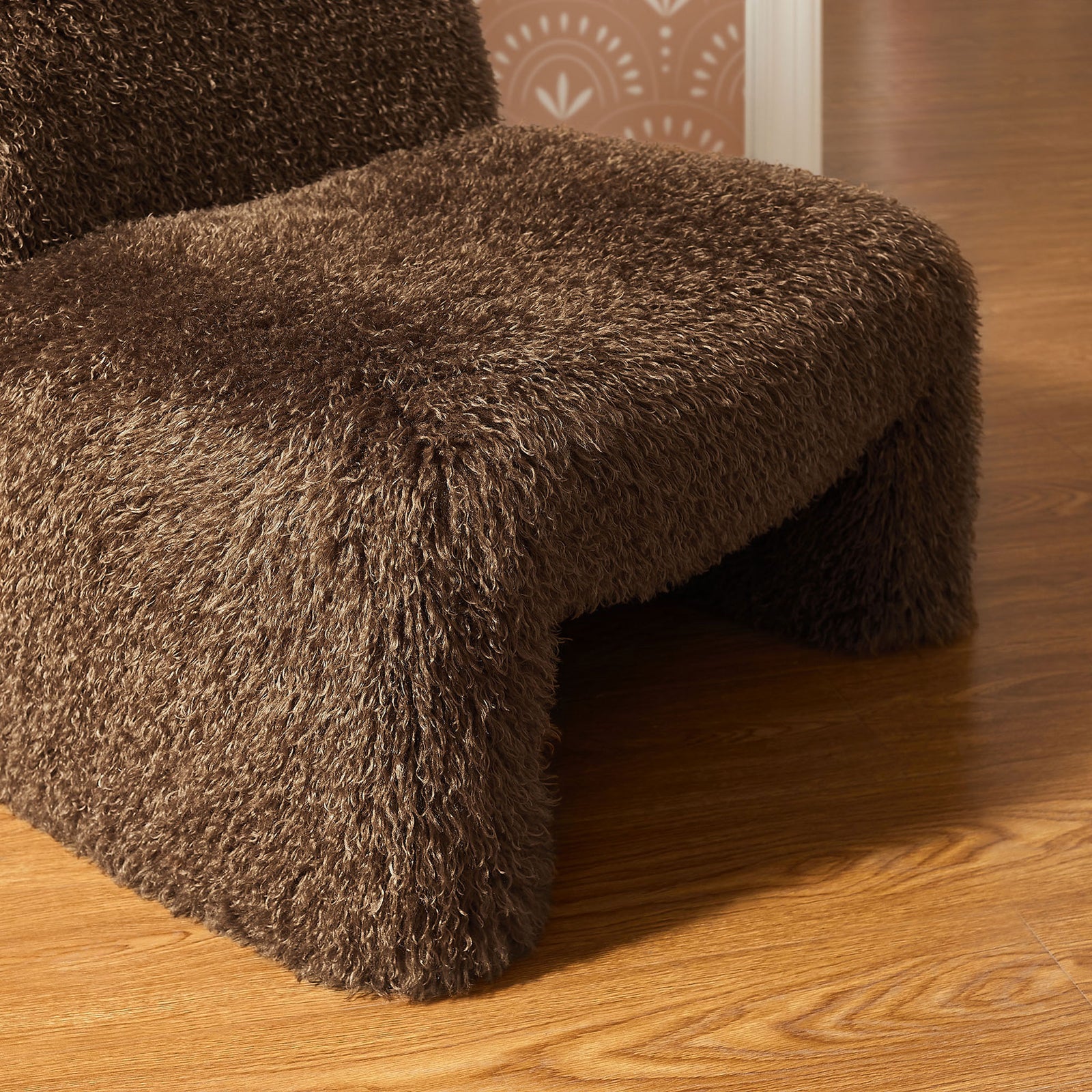 Low seat and sculpted sled base wrapped in deep-pile faux fur || EEI-7534-BRN || leg_room