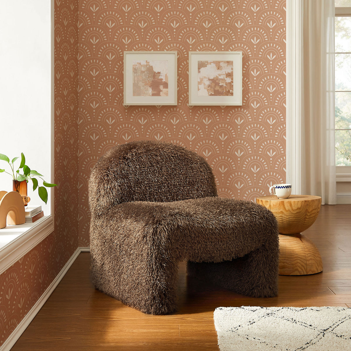 Statement faux fur accent chair adds warm texture and a playful shape to living spaces || EEI-7534-BRN || front_angle_room