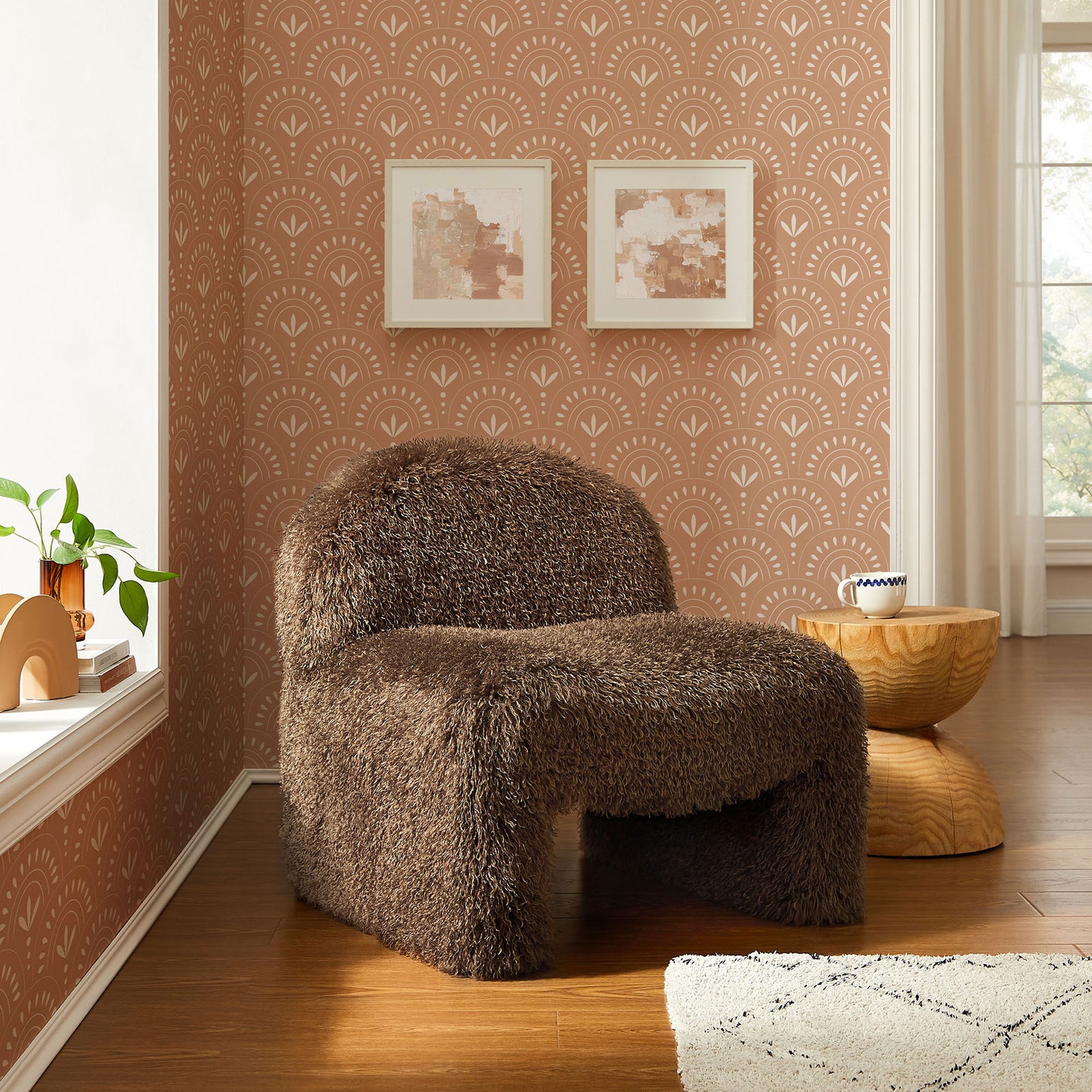 Statement faux fur accent chair adds warm texture and a playful shape to living spaces || EEI-7534-BRN || front_angle_room