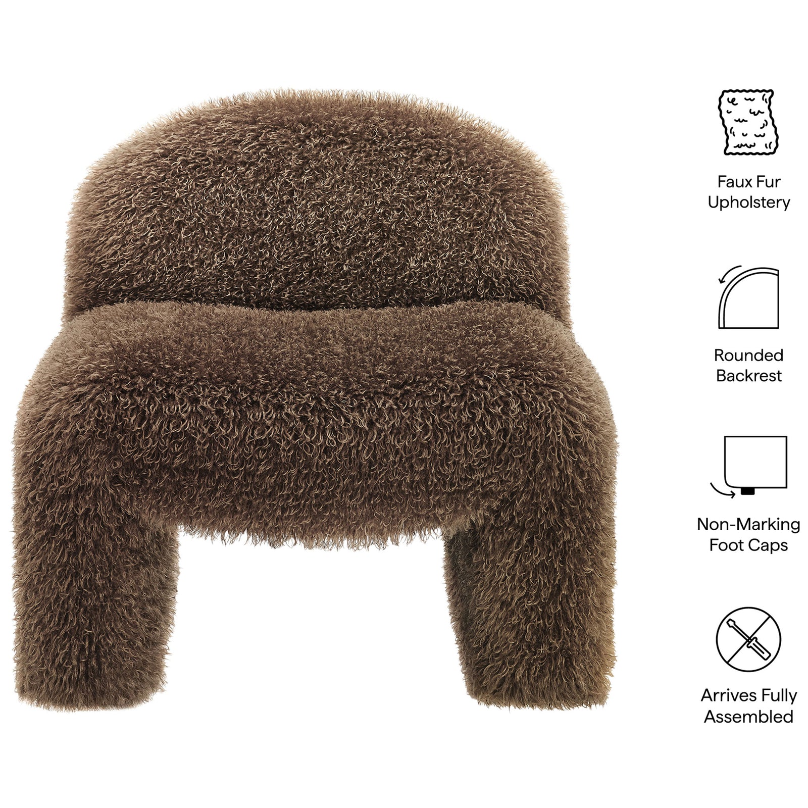 Key features include faux fur upholstery, a rounded backrest, and non-marking foot caps || EEI-7534-BRN || callout_studio