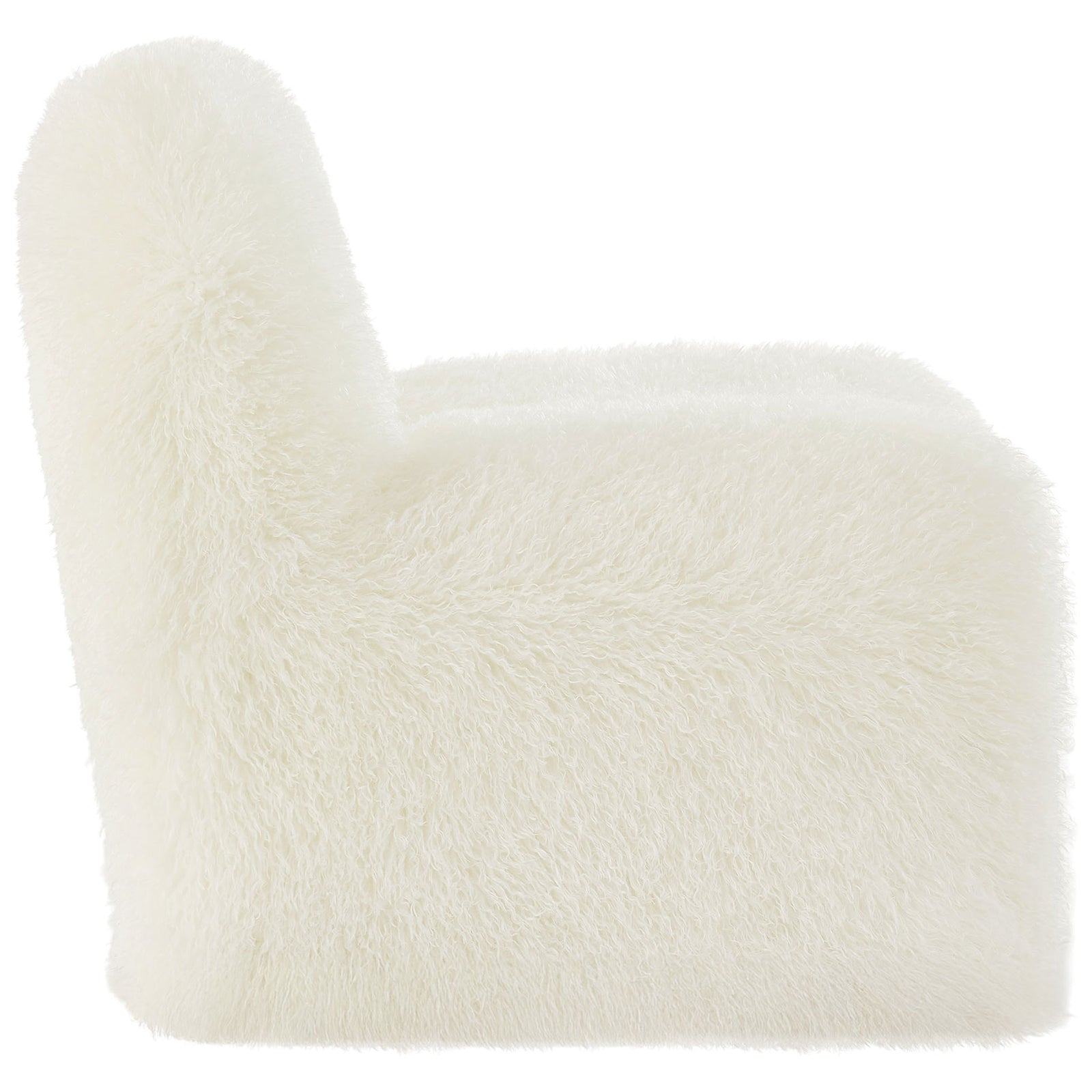 Low, lounge-ready seat and thick plush form wrapped in fluffy faux fur. || EEI-7534-WHI || side_studio