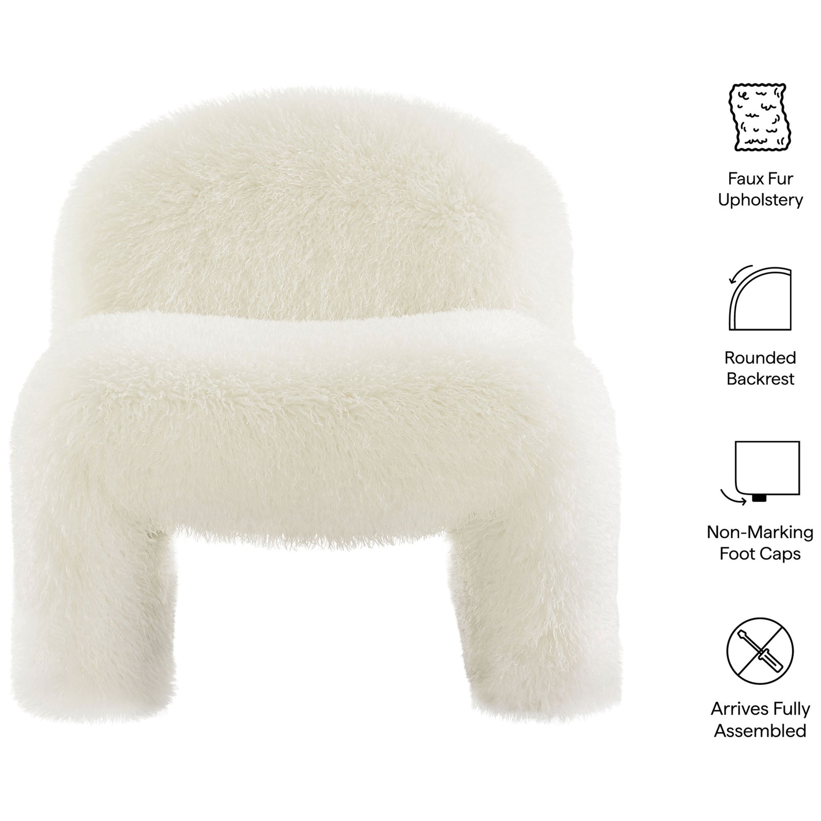 Feature highlights: plush faux fur, rounded back, non-marking foot caps, no assembly. || EEI-7534-WHI || callout_studio