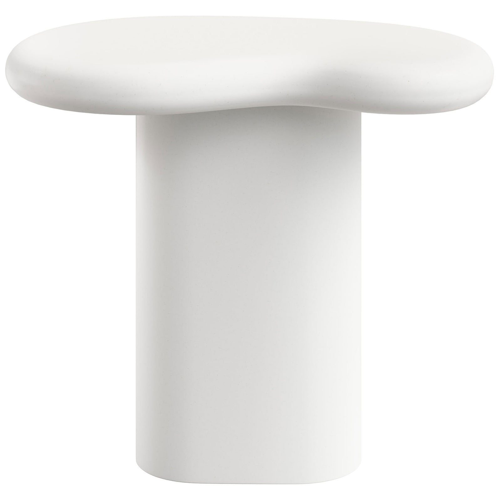 Smooth white concrete side table with kidney-shaped top and solid pedestal base for indoor or outdoor styling || EEI-7535-WHI || front_studio