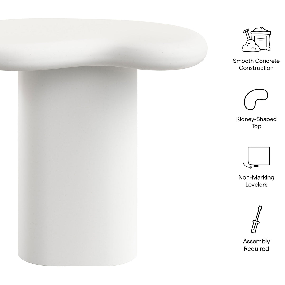 Feature graphic highlighting the smooth concrete construction, kidney-shaped top, levelers, and simple assembly || EEI-7535-WHI || callout_studio