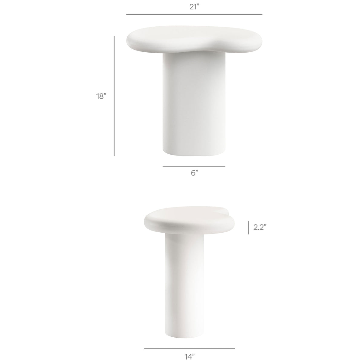Dimension diagram of the white concrete side table with labeled height, width, tabletop thickness, and base width || EEI-7535-WHI || dimension_studio