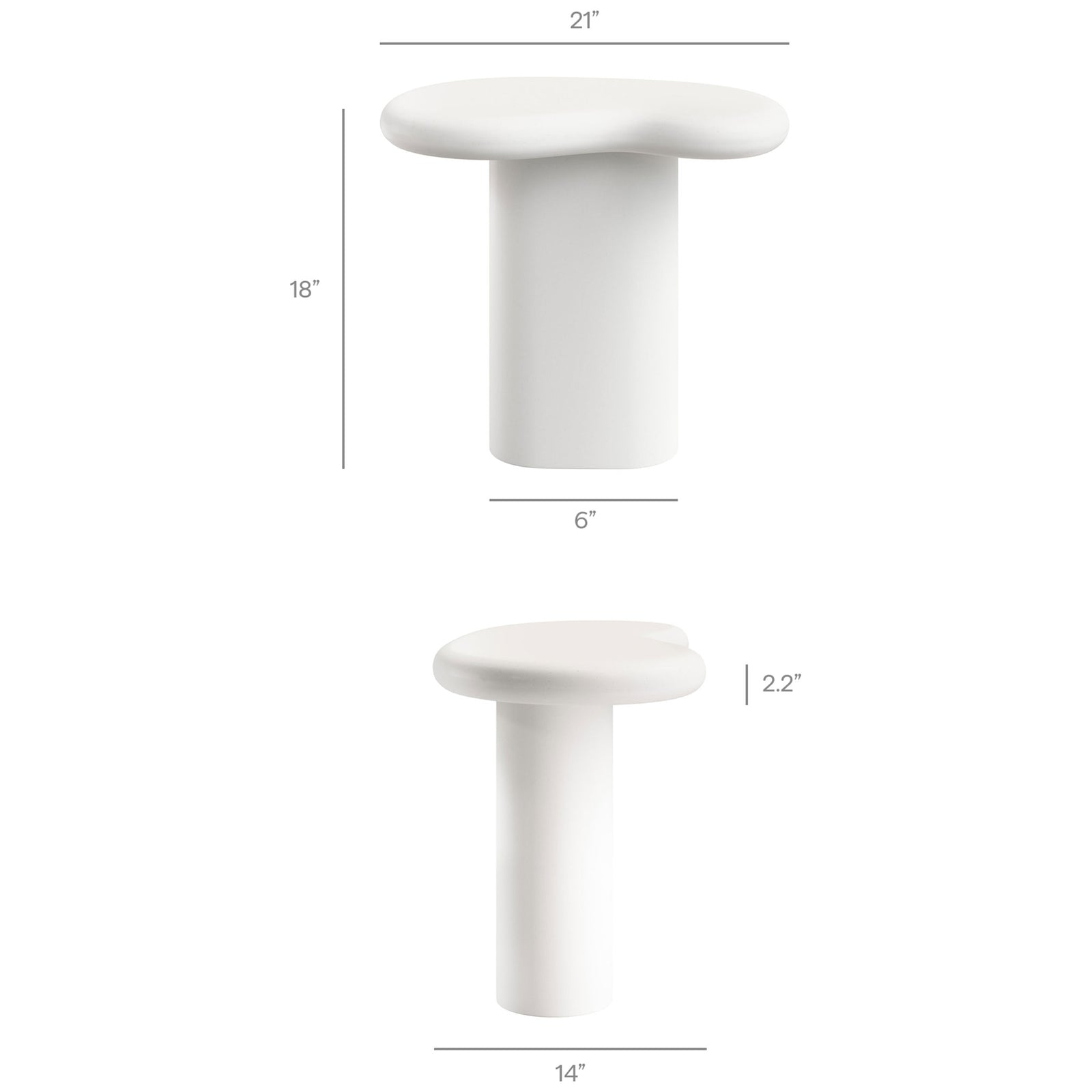 Dimension diagram of the white concrete side table with labeled height, width, tabletop thickness, and base width || EEI-7535-WHI || dimension_studio