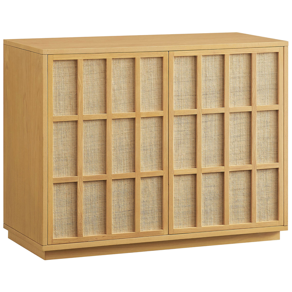 Light oak Japandi accent cabinet with woven grid doors and clean plinth base || EEI-7558-LOA || front_angle_studio