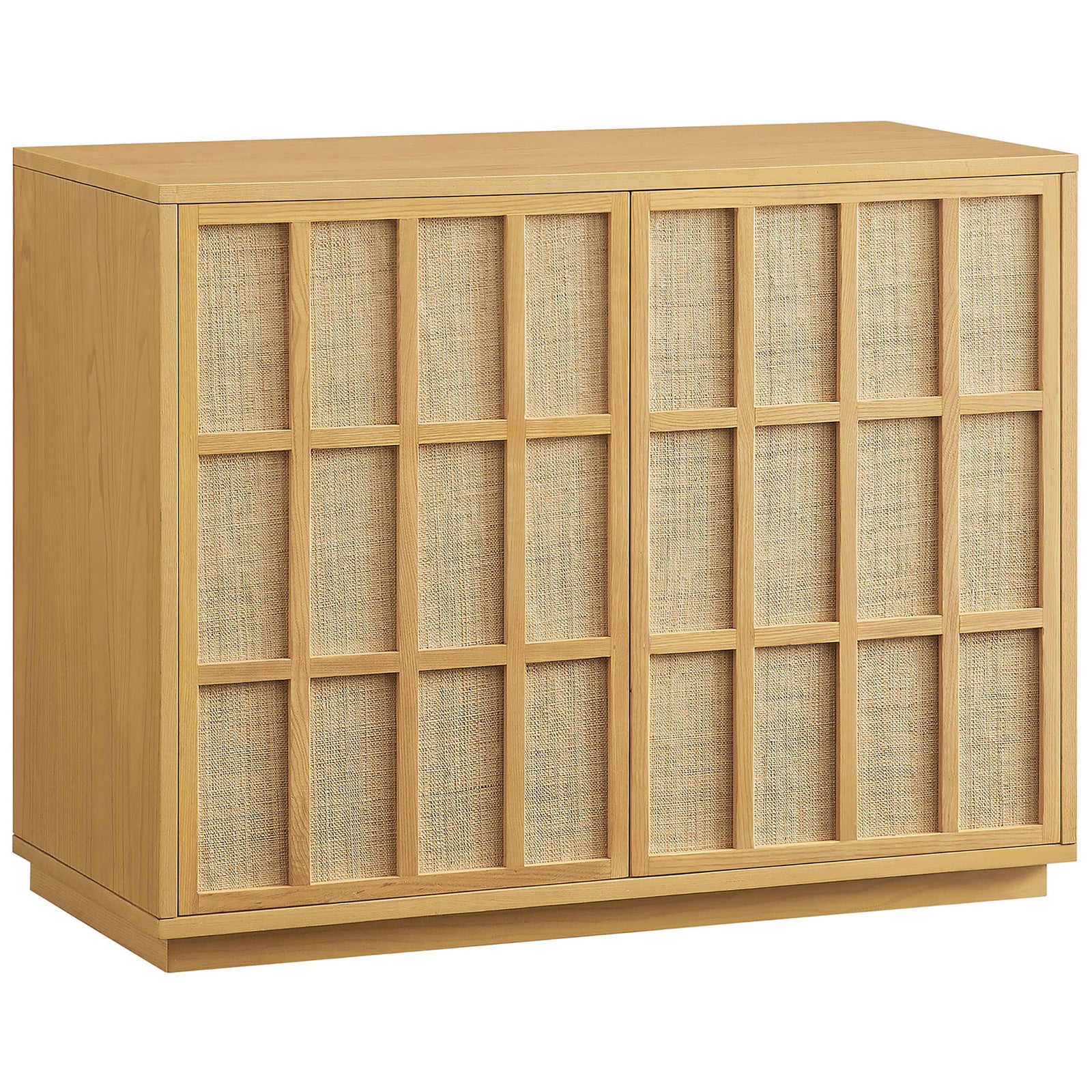 Light oak Japandi accent cabinet with woven grid doors and clean plinth base || EEI-7558-LOA || front_angle_studio