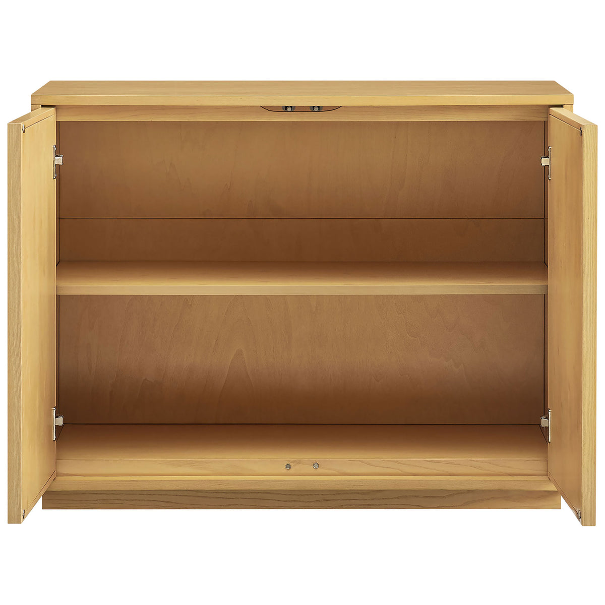 Interior shelves of the Japandi cabinet provide generous storage for dinnerware, books, and decor || EEI-7558-LOA || front_open_studio