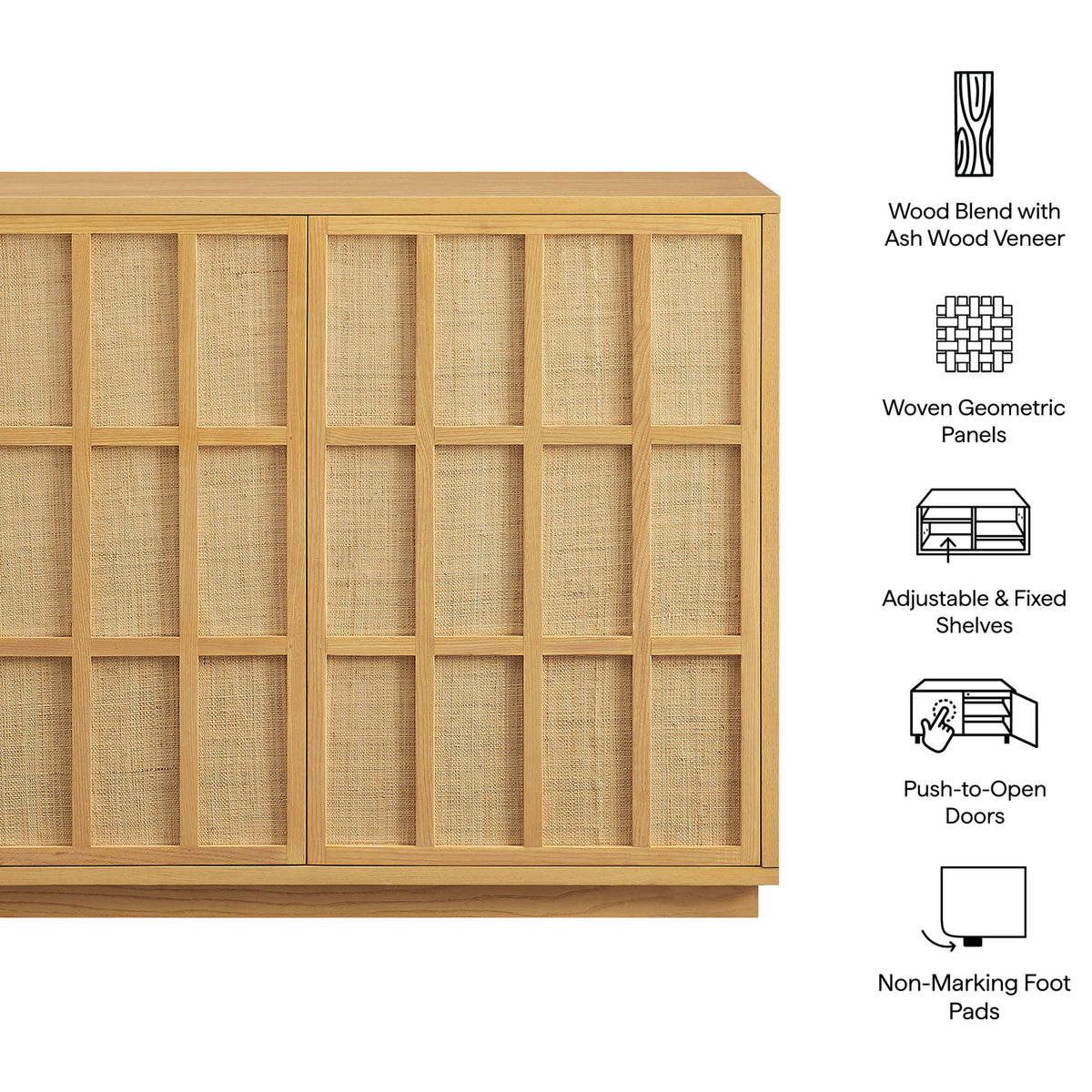Feature graphic showcasing Aiko cabinet highlights wood frame, woven doors, shelves, and push-to-open doors || EEI-7558-LOA || callout_studio