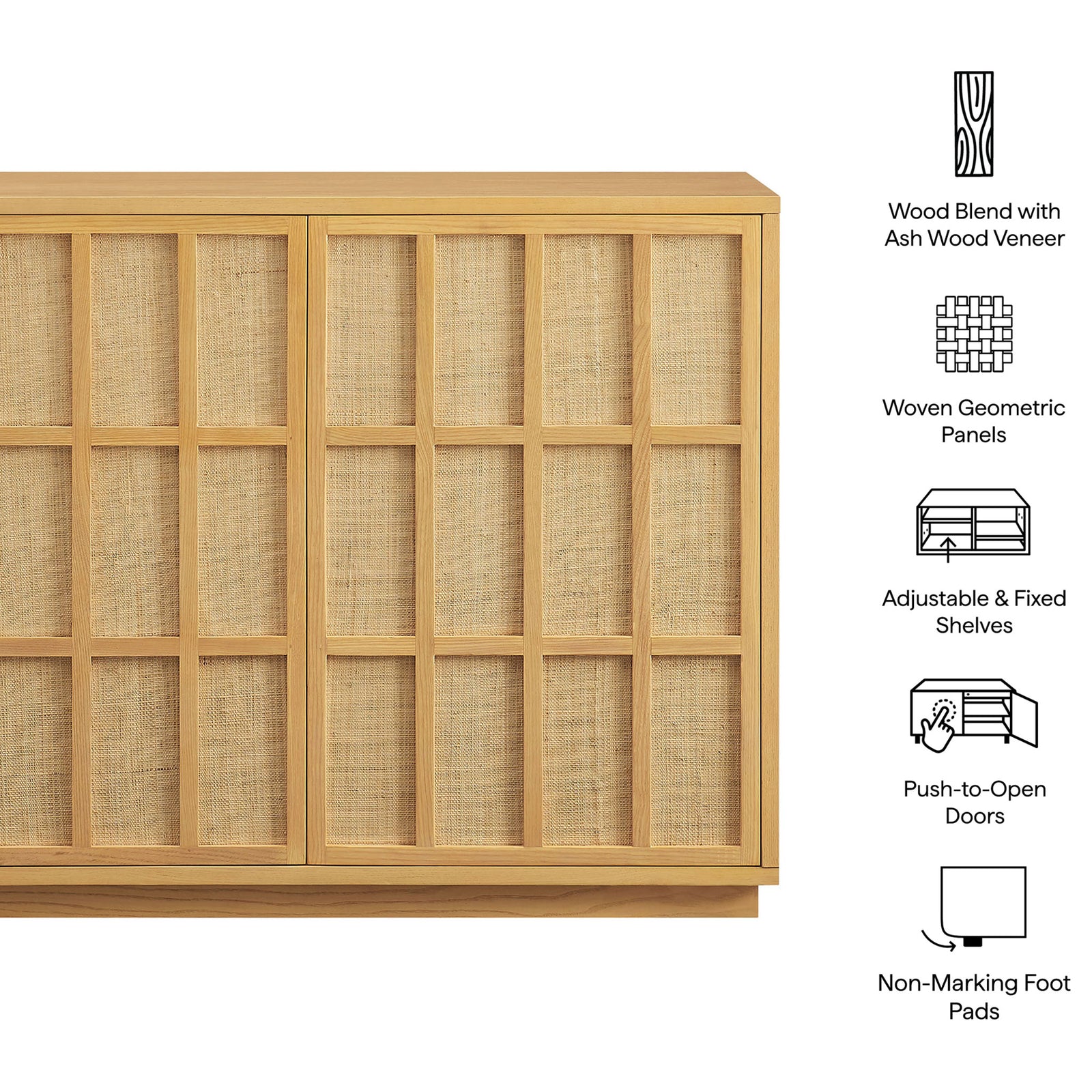Feature graphic showcasing Aiko cabinet highlights wood frame, woven doors, shelves, and push-to-open doors || EEI-7558-LOA || callout_studio