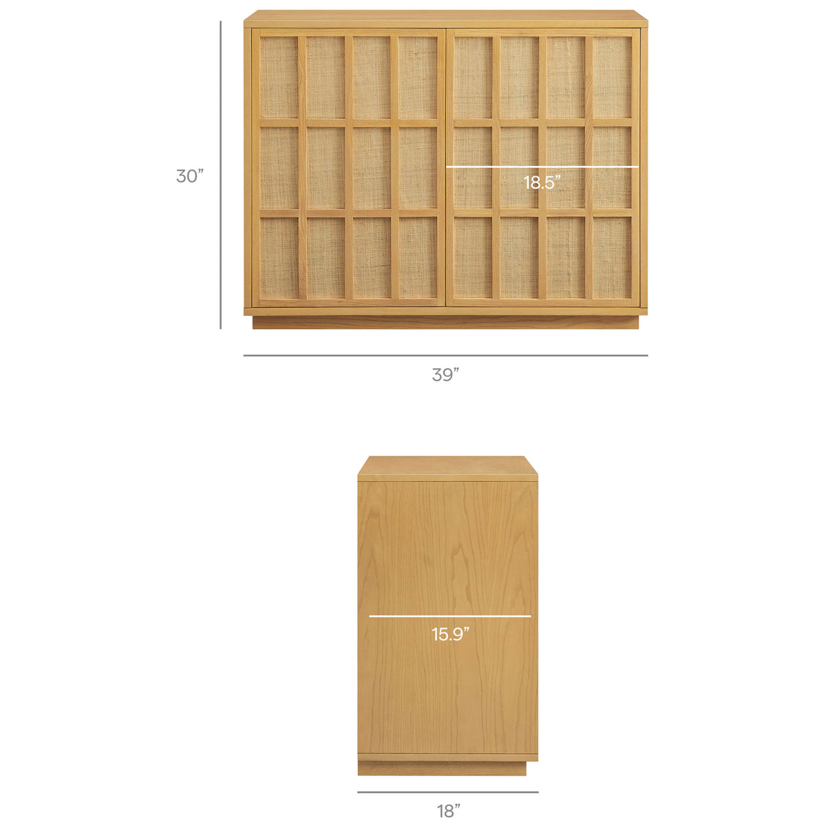 Dimension graphic for the Aiko 39 inch Japandi accent cabinet with overall height, width, and depth measurements || EEI-7558-LOA || dimension_studio