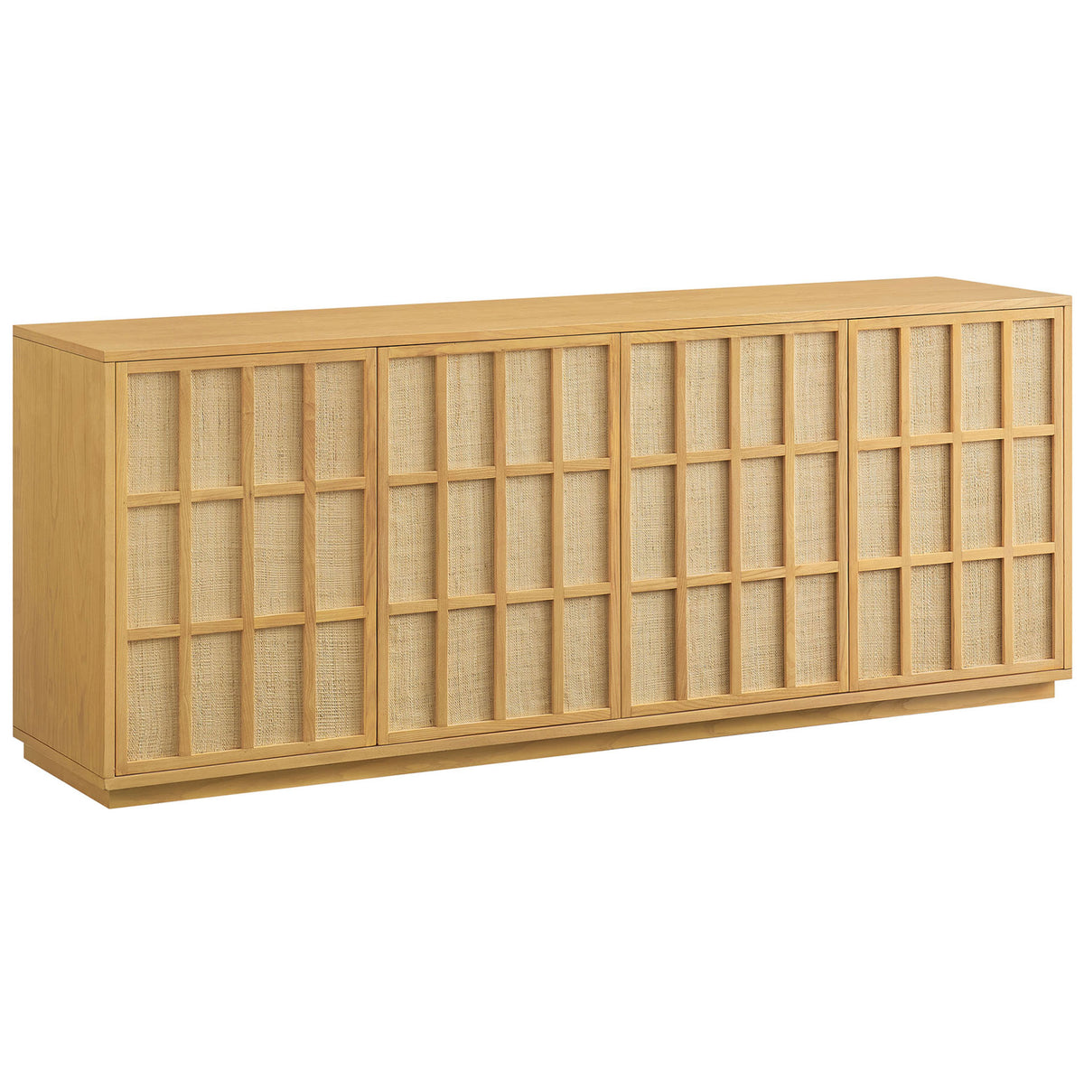 Long 76 inch Japandi sideboard showcasing woven geometric doors and warm light oak wood grain || EEI-7559-LOA || front_angle_studio