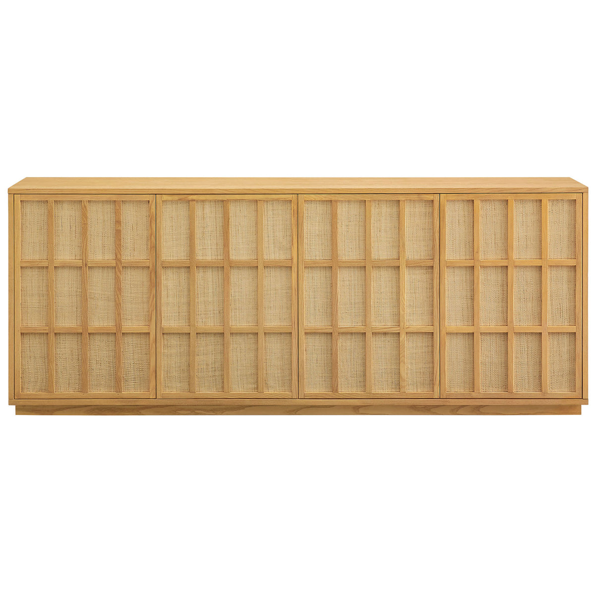 Japandi sideboard in light oak with four woven grid doors and a clean, low-profile plinth base || EEI-7559-LOA || front_studio