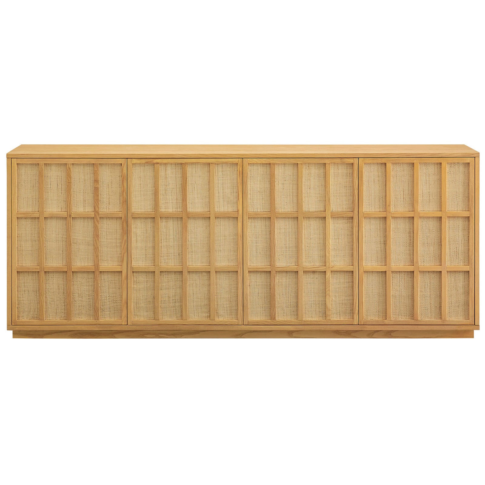 Japandi sideboard in light oak with four woven grid doors and a clean, low-profile plinth base || EEI-7559-LOA || front_studio