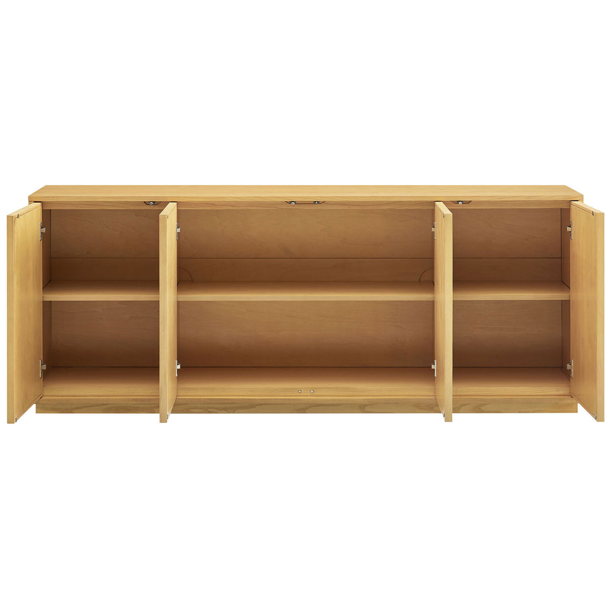 Light oak sideboard with push-to-open doors revealing generous shelving for dinnerware and decor || EEI-7559-LOA || front_open_studio