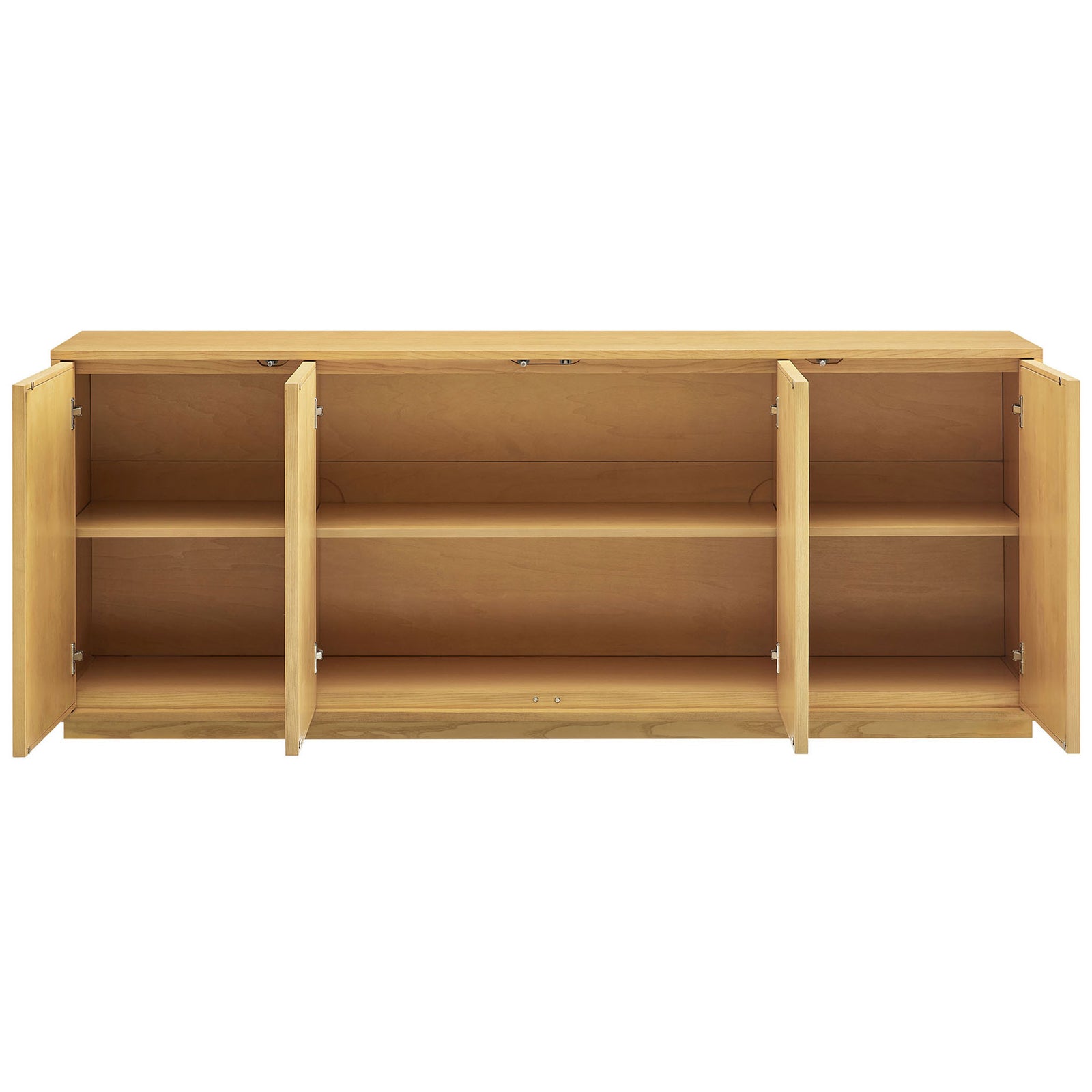 Light oak sideboard with push-to-open doors revealing generous shelving for dinnerware and decor || EEI-7559-LOA || front_open_studio