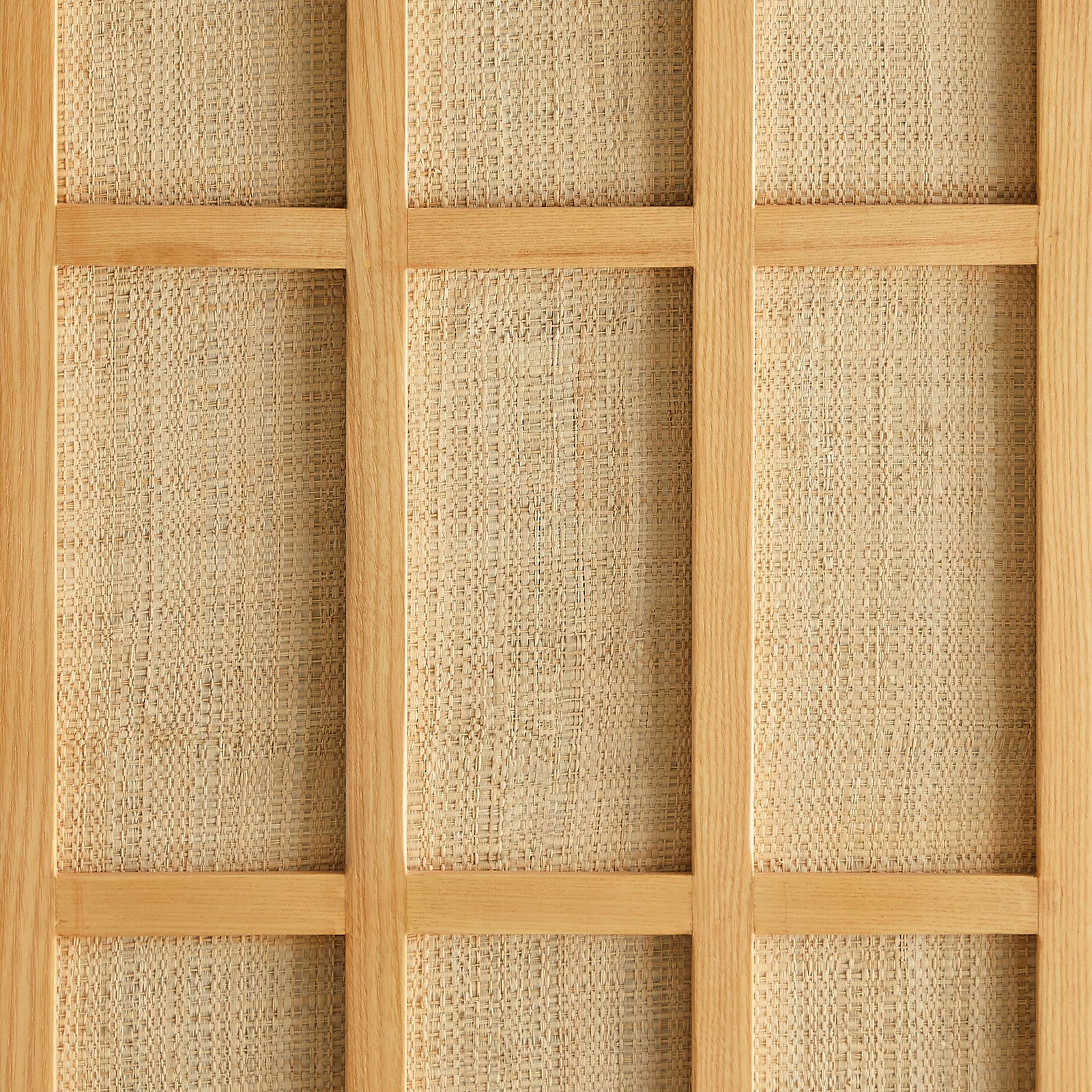 Woven cane-style panel framed in light oak, highlighting rich texture and natural fiber variation || EEI-7559-LOA || swatch_studio