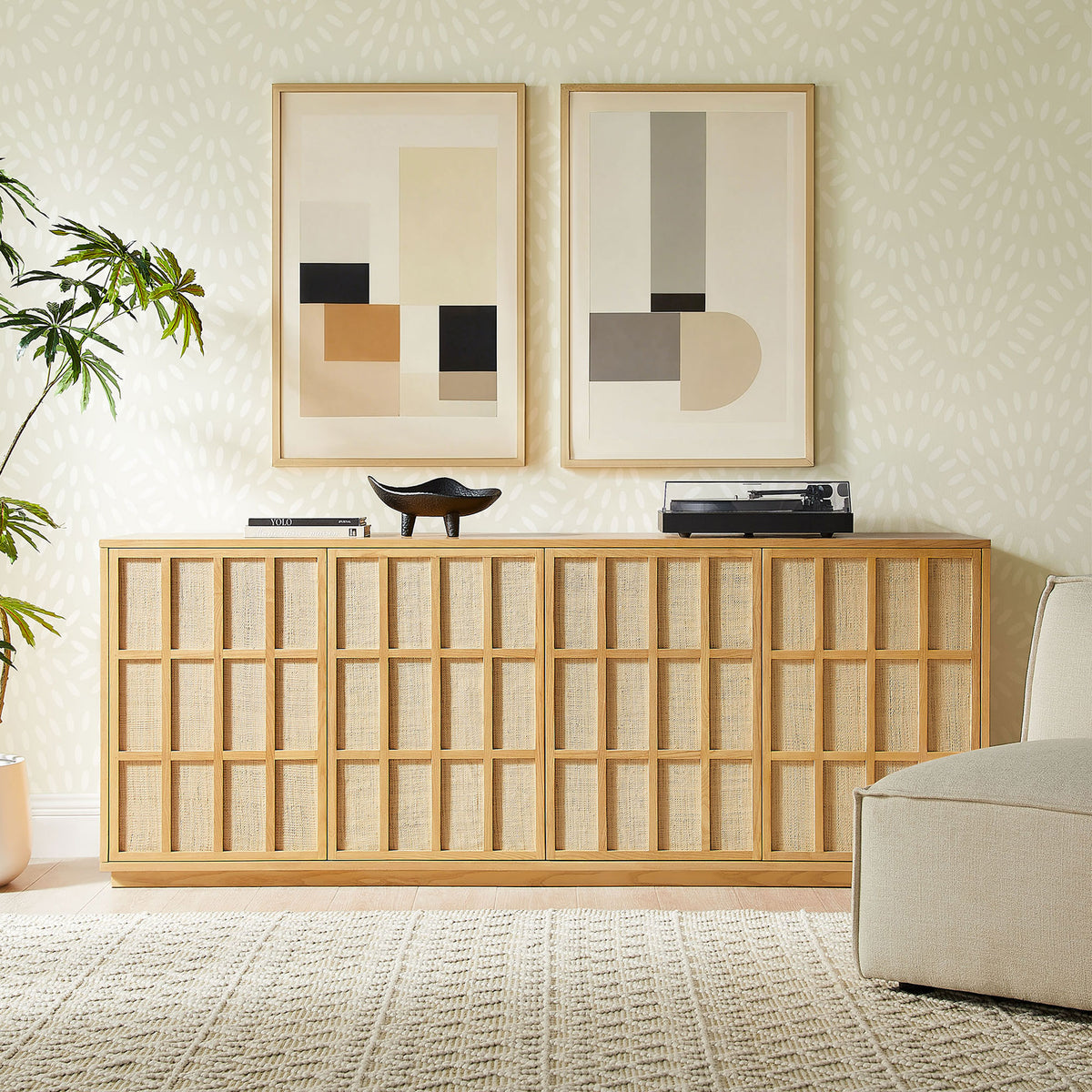 Japandi sideboard in light oak bringing warm texture and hidden storage to a softly styled living space || EEI-7559-LOA || front_room