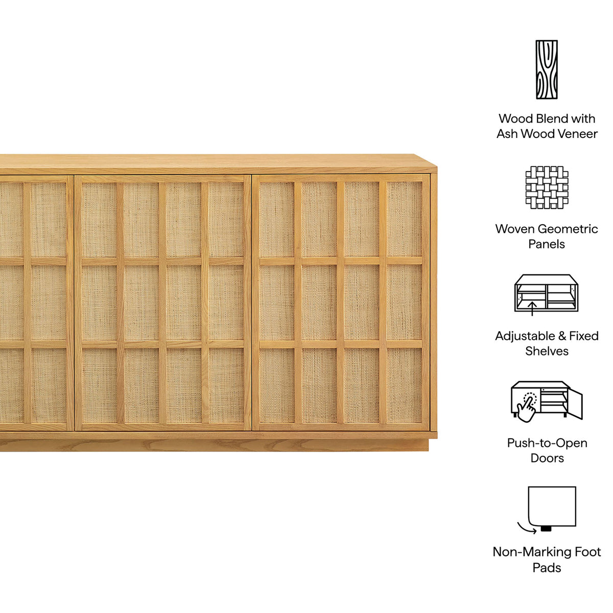 Feature summary of the Aiko light oak sideboard with woven doors, adjustable shelves, and push-to-open design || EEI-7559-LOA || callout_studio