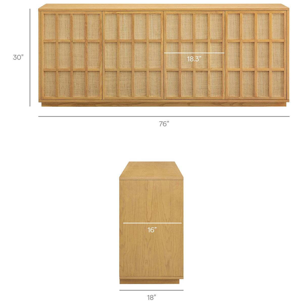 Dimension guide showing the 76 inch width, 30 inch height, and 18 inch depth of the Aiko sideboard || EEI-7559-LOA || dimension_studio