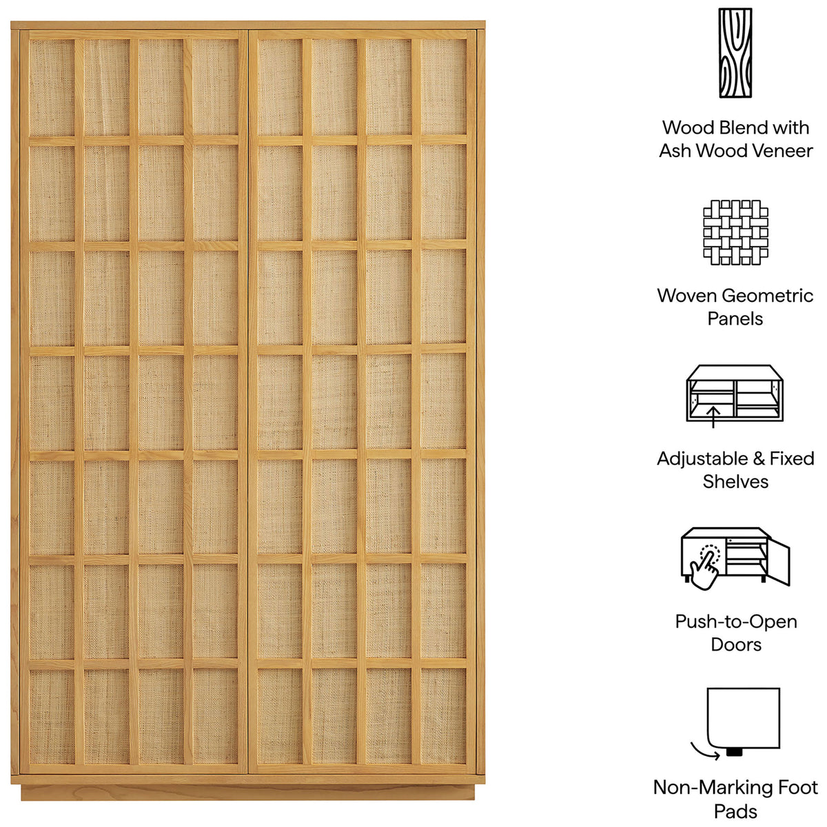 Feature graphic for the tall Aiko cabinet calls out wood veneer, woven doors, shelves, and push-to-open doors || EEI-7560-LOA || callout_studio