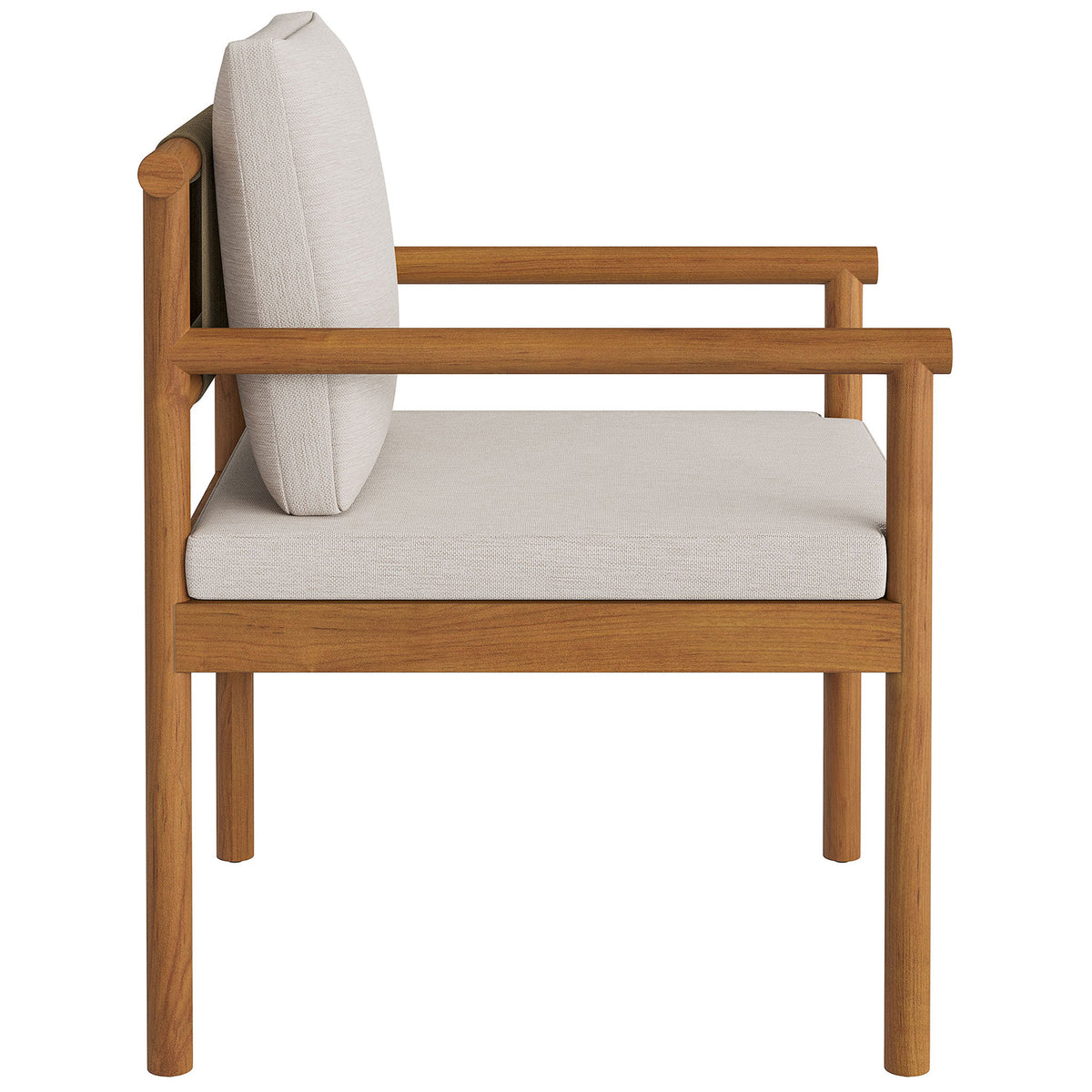 Side profile of teak outdoor dining chair showing straight arms and deep foam seat cushion. || EEI-7561-NAT-SAI || side_studio