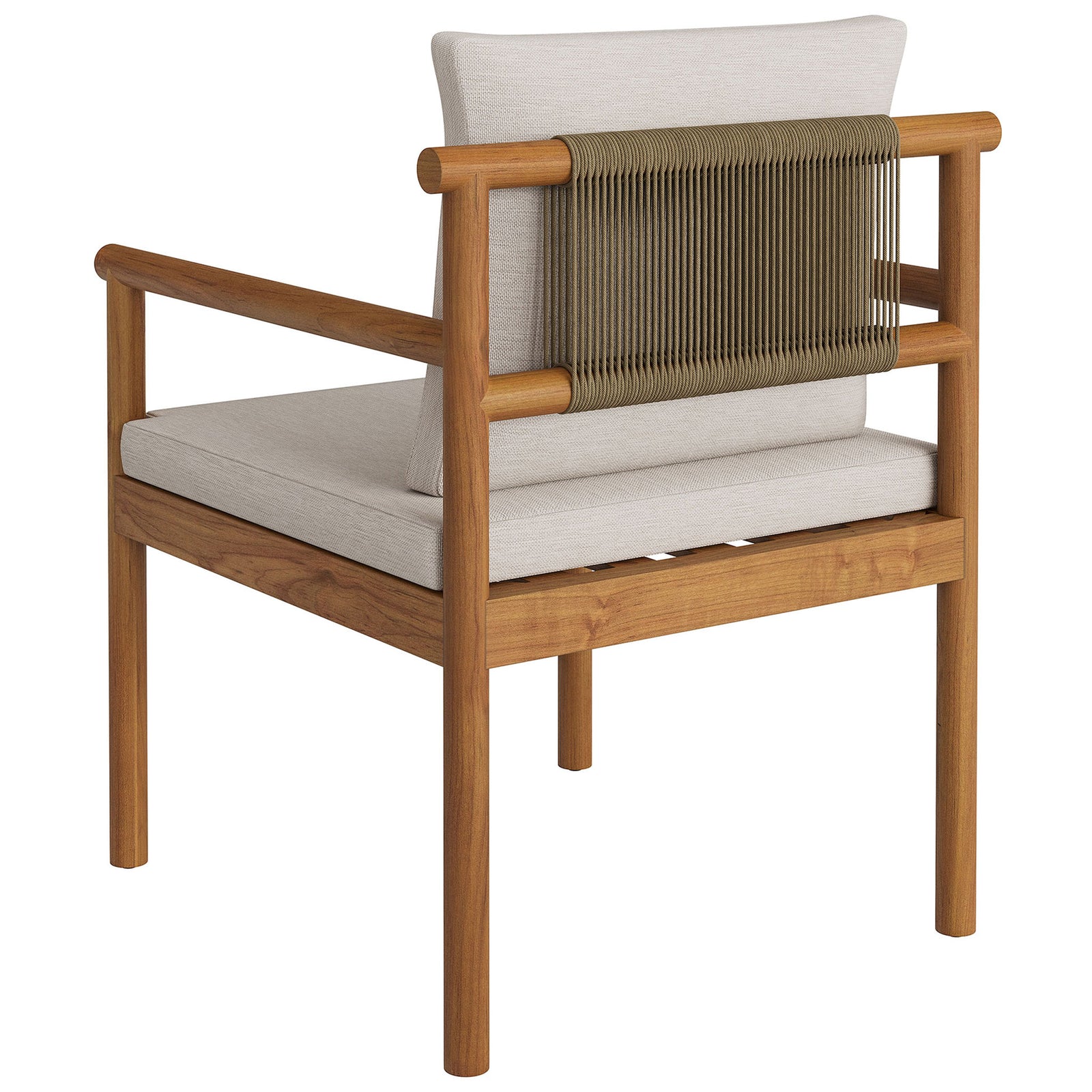 Back view of teak dining chair highlighting woven rope backrest and slatted seat design. || EEI-7561-NAT-SAI || back_angle_studio