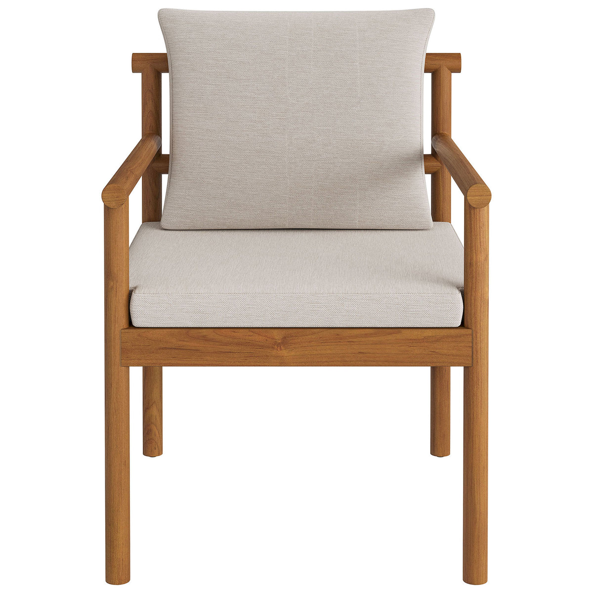 Teak outdoor dining chair with natural frame and plush cream seat and back cushions. || EEI-7561-NAT-SAI || front_studio