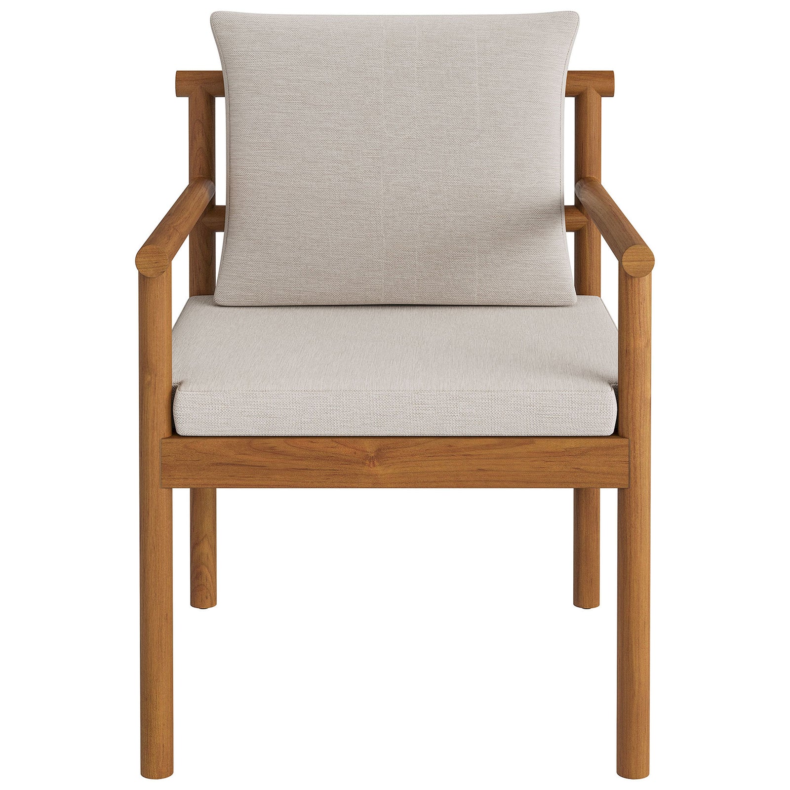 Teak outdoor dining chair with natural frame and plush cream seat and back cushions. || EEI-7561-NAT-SAI || front_studio