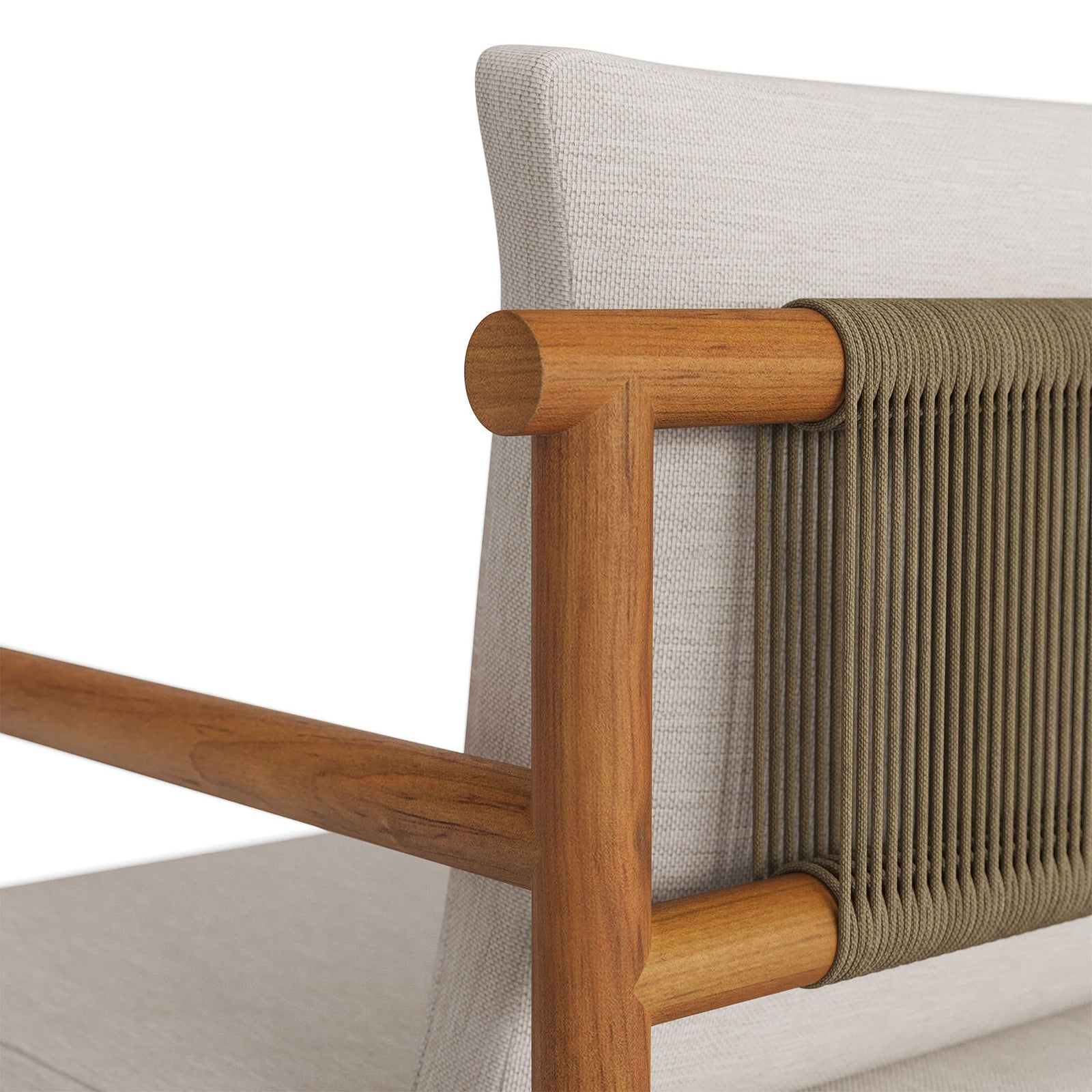 Close up of curved teak frame and tightly wrapped rope accent across the cushioned backrest. || EEI-7561-NAT-SAI || detail_studio