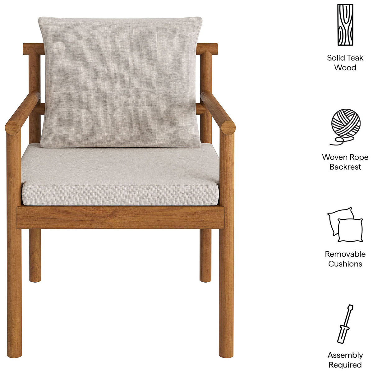 Front view of teak dining chair with icons calling out solid wood, rope backrest, and removable cushions. || EEI-7561-NAT-SAI || callout_studio