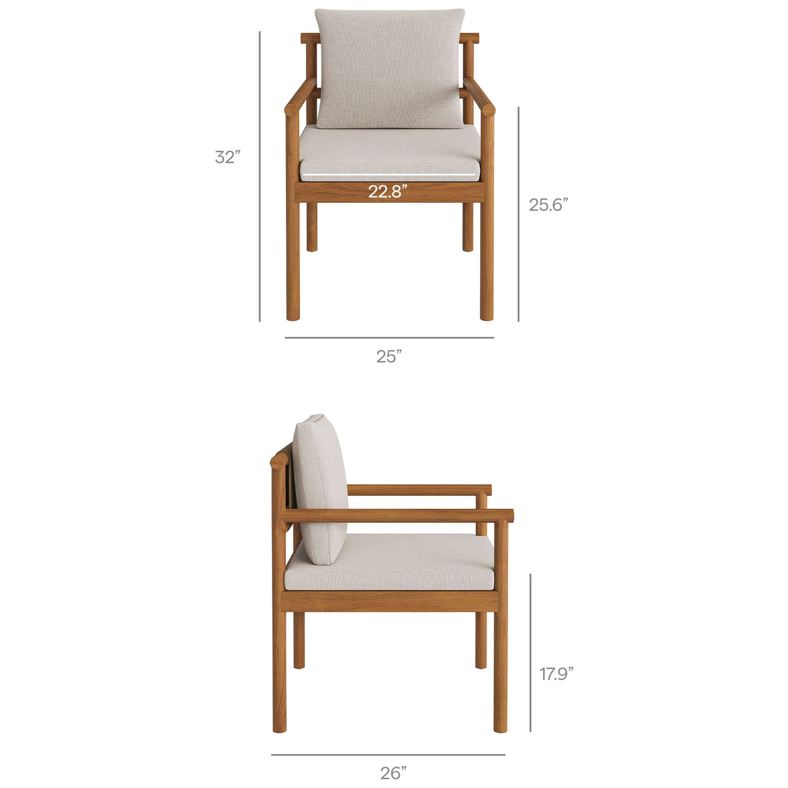 Teak outdoor dining chair with on-image measurements detailing width, height, and seat dimensions. || EEI-7561-NAT-SAI || dimension_studio