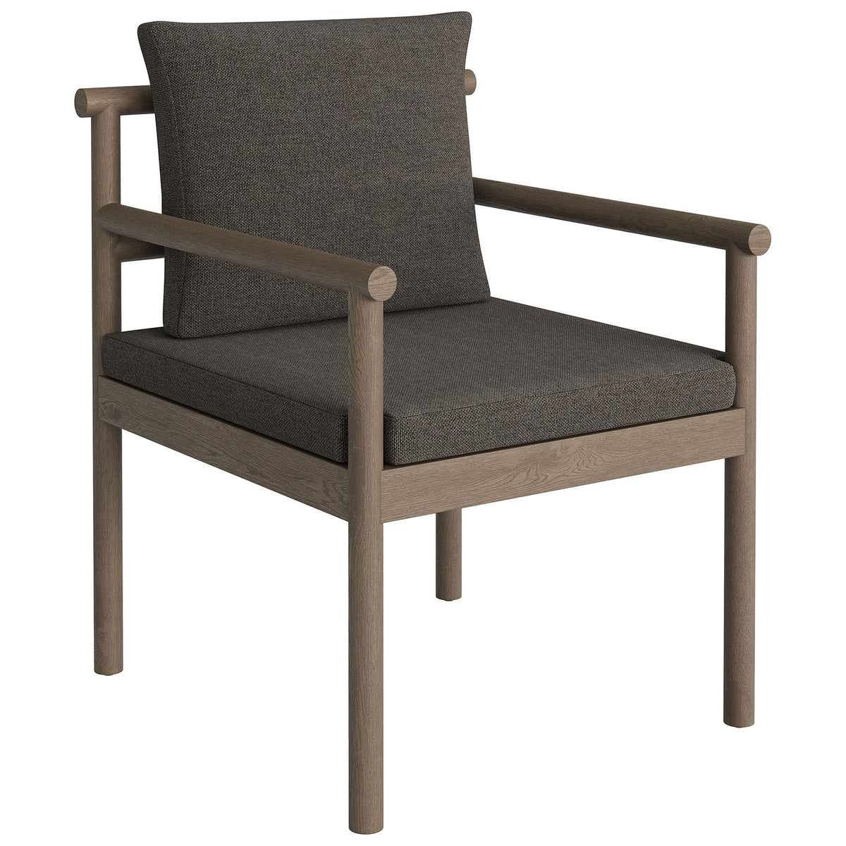 Modern gray outdoor dining chair with square arms and tailored charcoal cushions. || EEI-7561-WGR-FLI || front_angle_studio