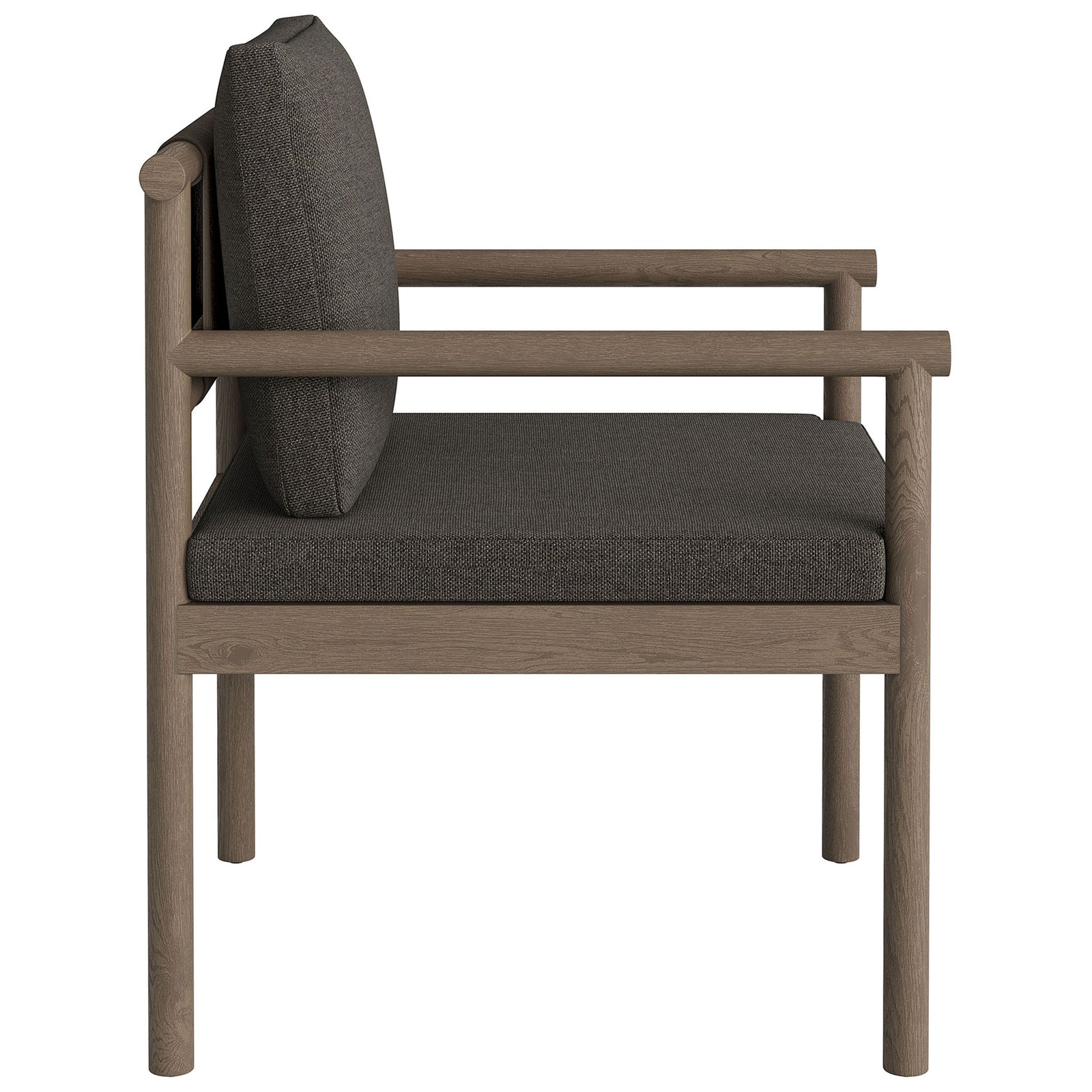 Side profile of gray teak patio chair showing low arms and thick dark seat cushion. || EEI-7561-WGR-FLI || side_studio