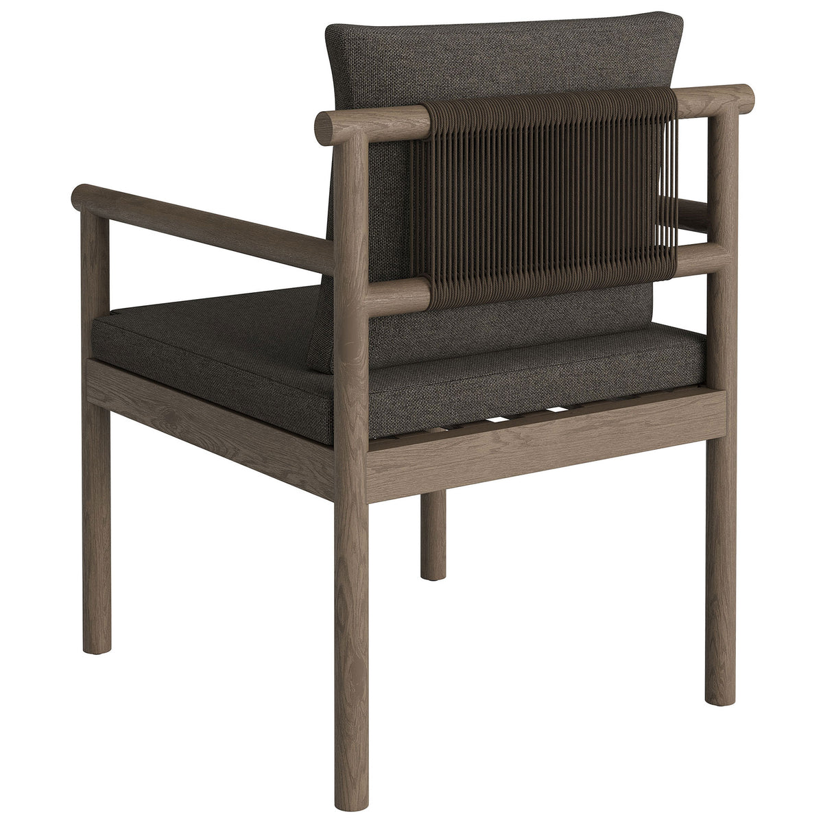 Back view of gray dining chair featuring tightly woven dark rope and open slatted seat. || EEI-7561-WGR-FLI || back_angle_studio