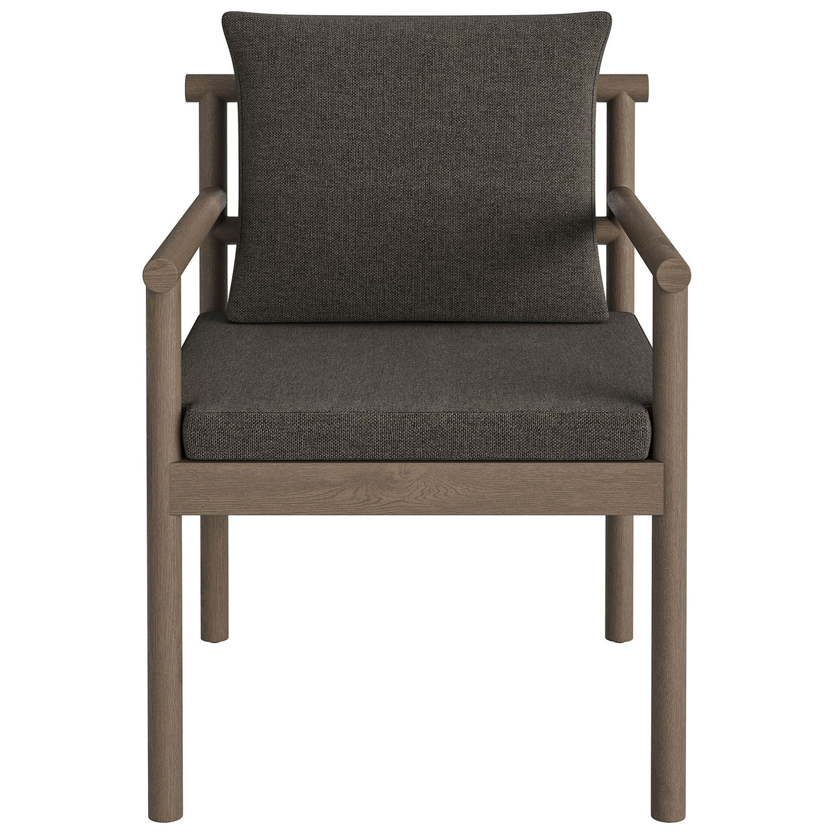 Weathered gray teak dining chair with dark charcoal seat and back cushions. || EEI-7561-WGR-FLI || front_studio