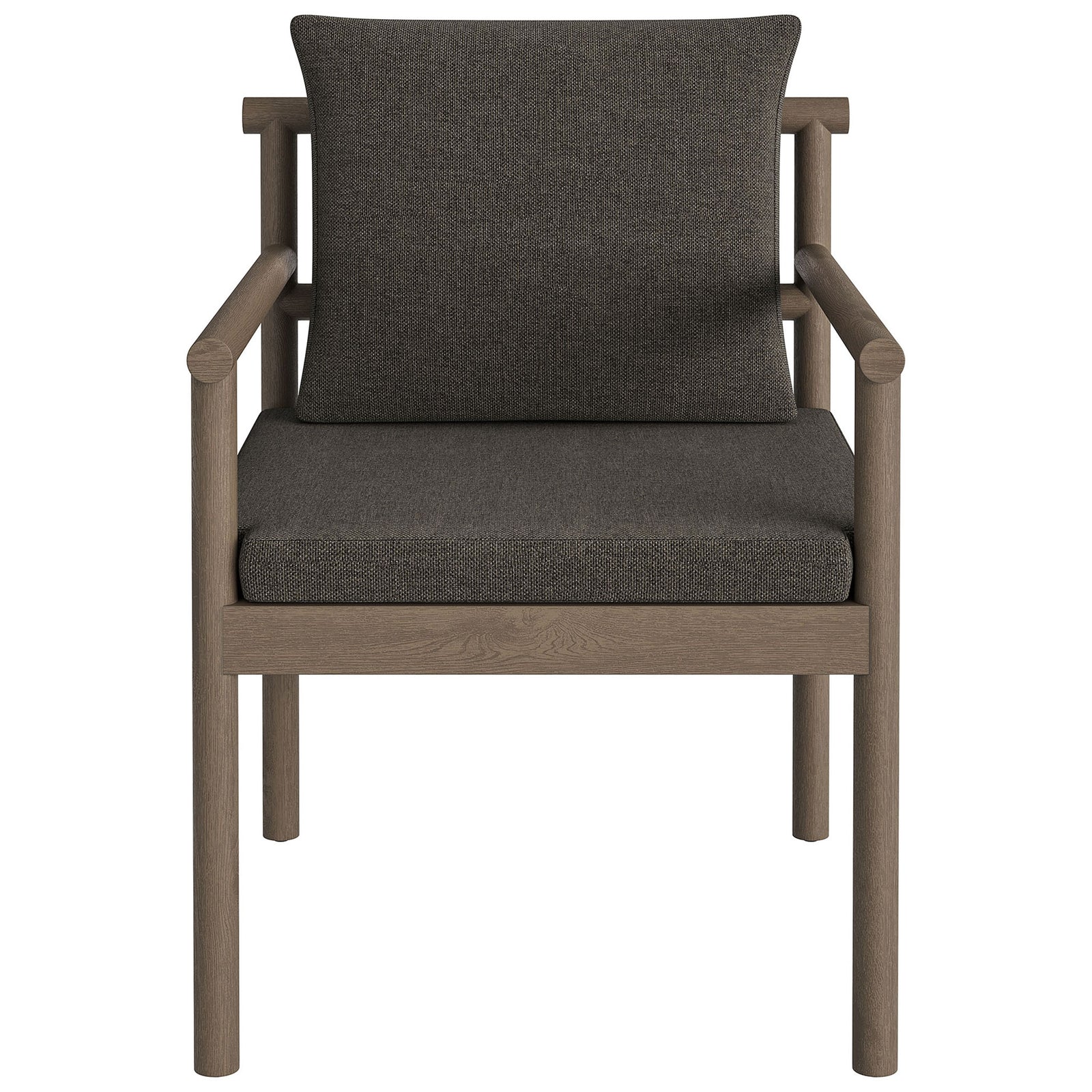 Weathered gray teak dining chair with dark charcoal seat and back cushions. || EEI-7561-WGR-FLI || front_studio