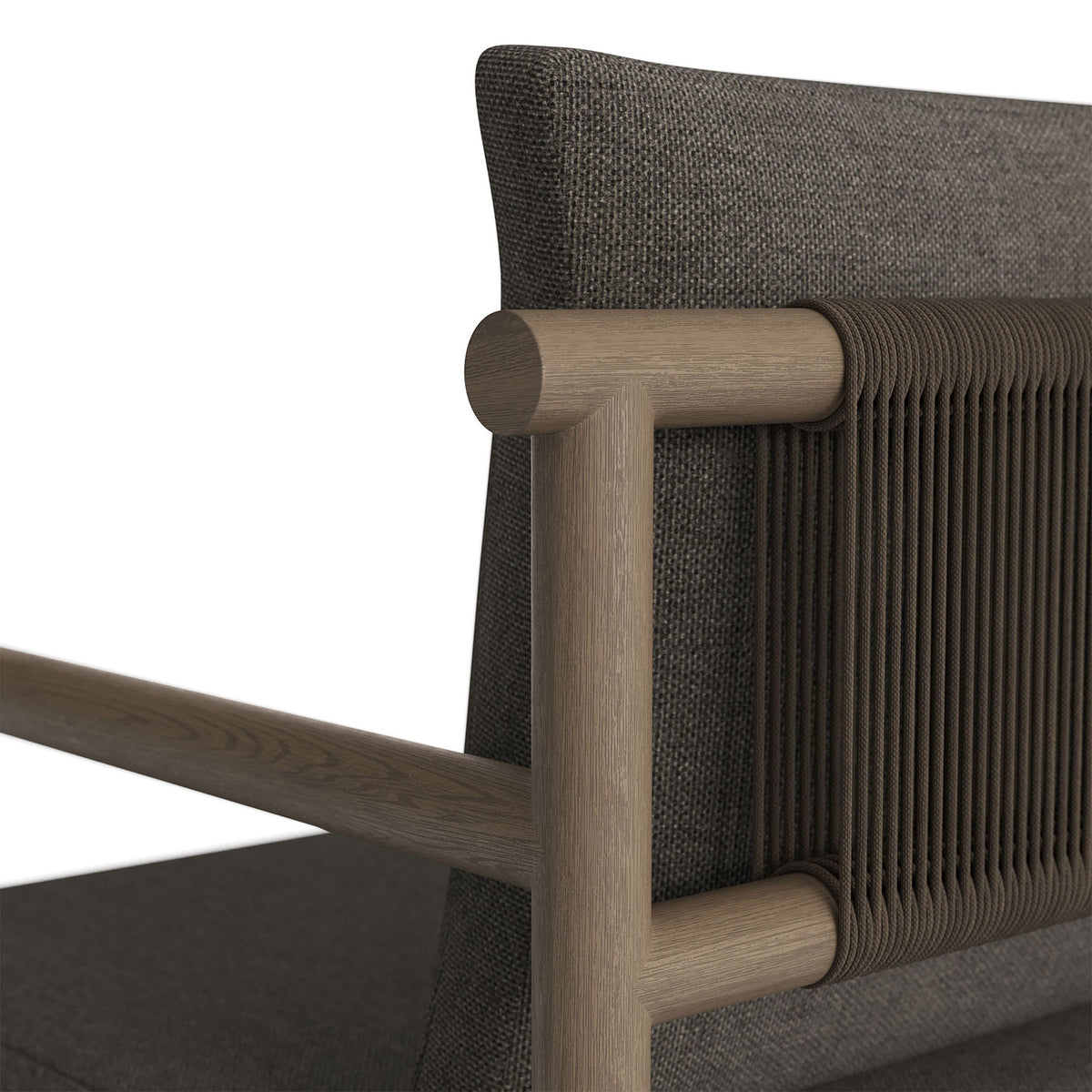 Close up of round teak frame and dark rope detailing across the cushioned back. || EEI-7561-WGR-FLI || detail_studio