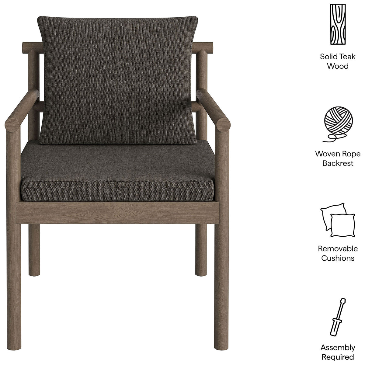 Front view of gray dining chair with icons for solid teak wood, rope back, and removable cushions. || EEI-7561-WGR-FLI || callout_studio