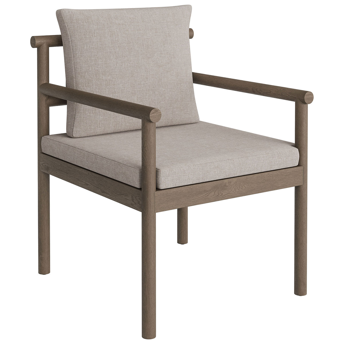 Modern gray outdoor dining chair with slim arms and light pebble upholstery. || EEI-7561-WGR-PEB || front_angle_studio