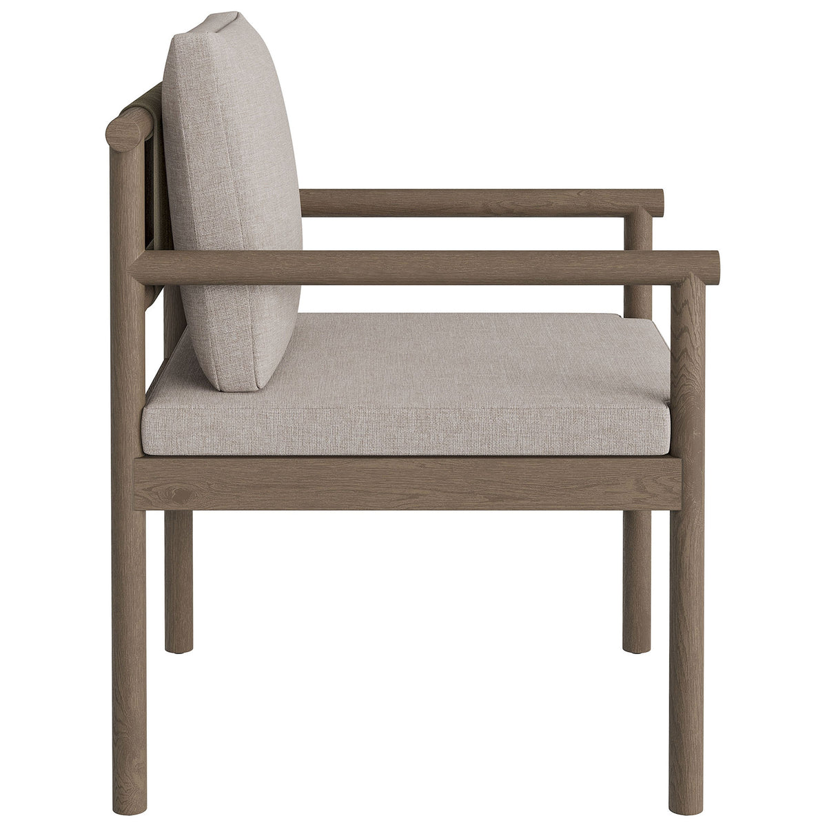 Side profile of gray teak patio chair showing straight arms and supportive seat cushion. || EEI-7561-WGR-PEB || side_studio