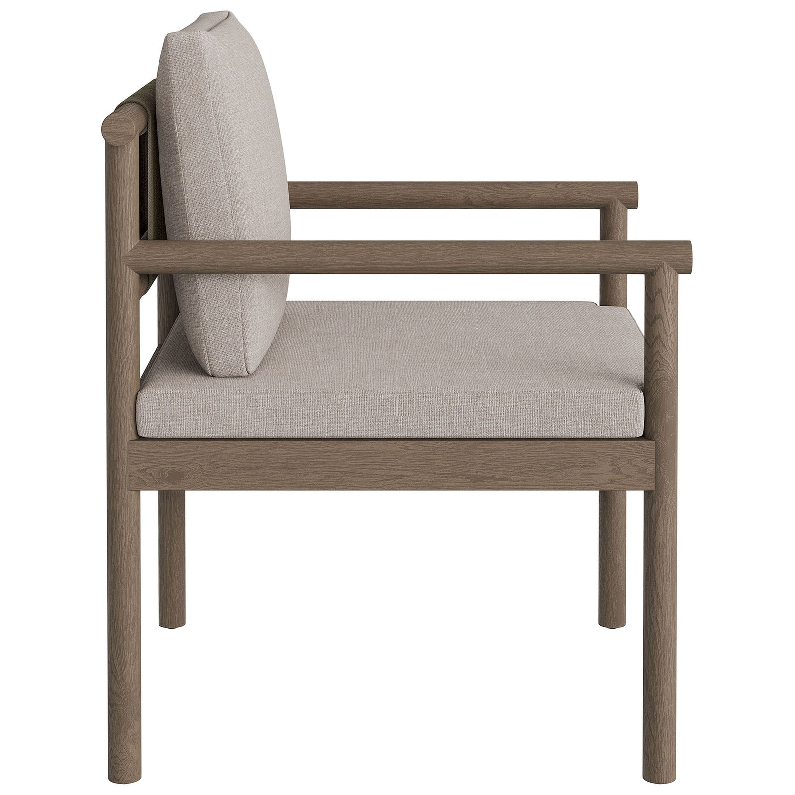 Side profile of gray teak patio chair showing straight arms and supportive seat cushion. || EEI-7561-WGR-PEB || side_studio