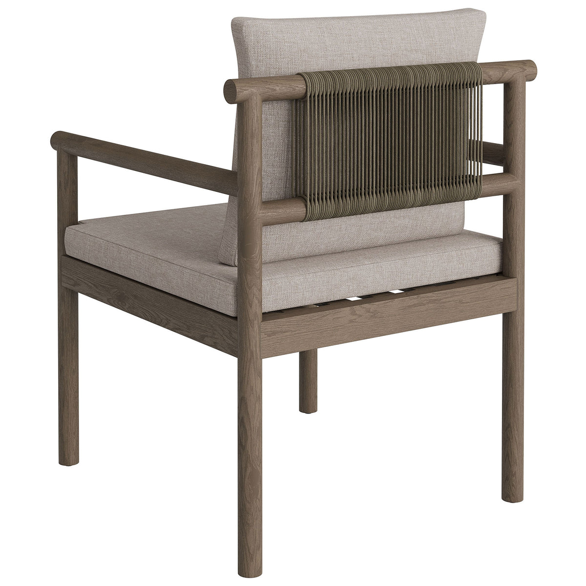 Back view of gray dining chair highlighting olive rope backrest and open slatted seat. || EEI-7561-WGR-PEB || back_angle_studio