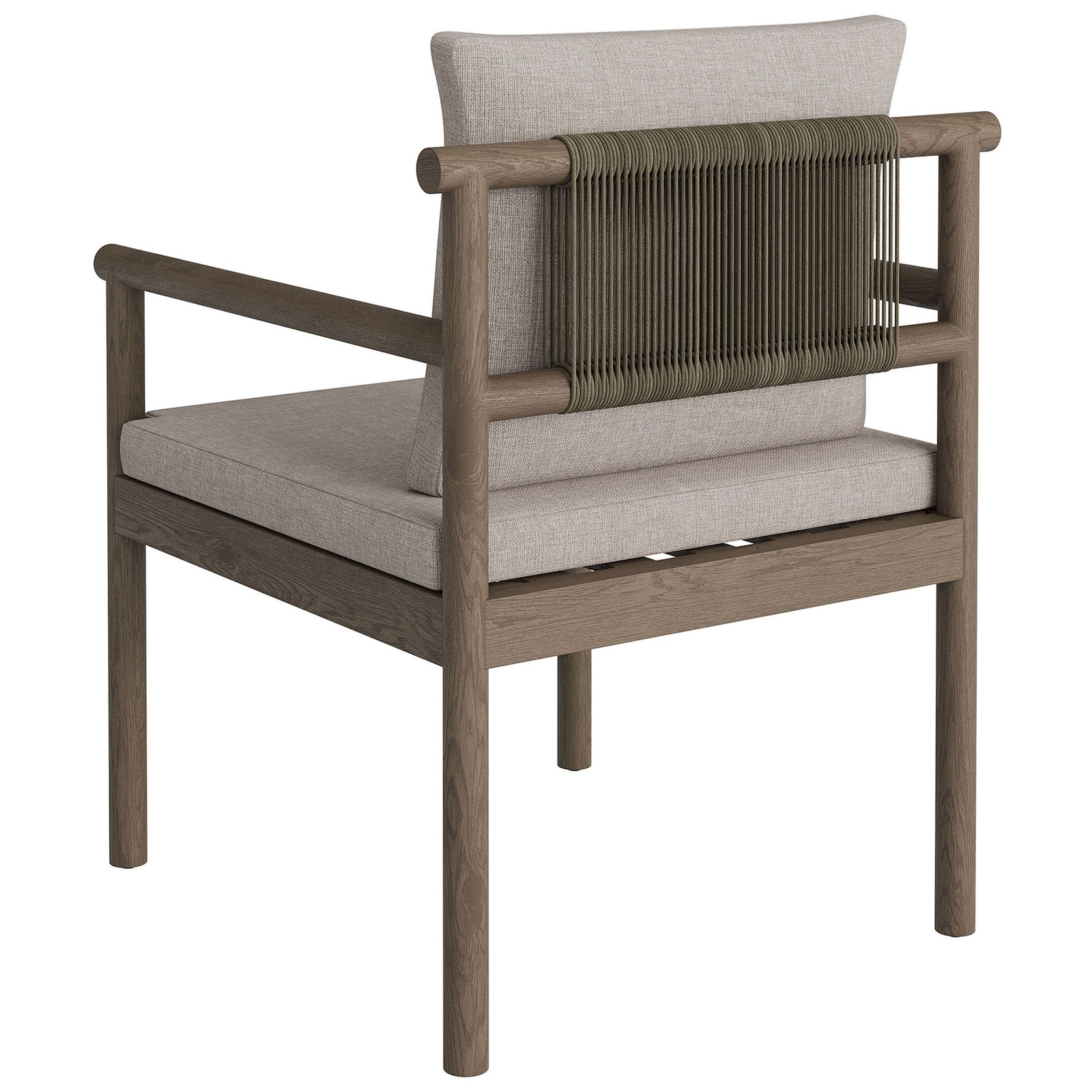 Back view of gray dining chair highlighting olive rope backrest and open slatted seat. || EEI-7561-WGR-PEB || back_angle_studio