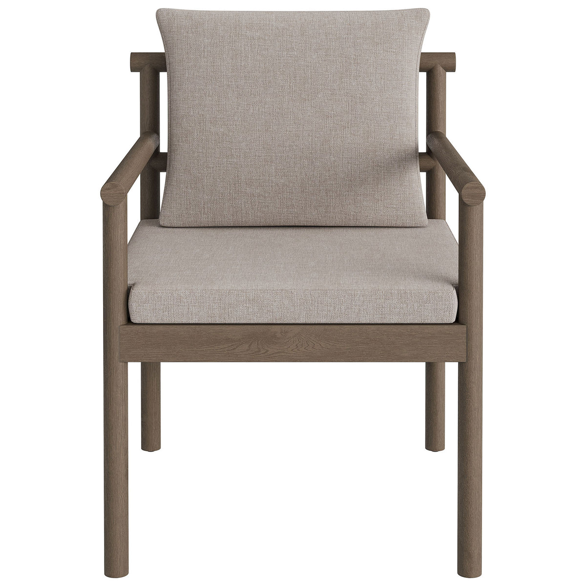 Weathered gray teak dining chair with soft pebble-colored seat and back cushions. || EEI-7561-WGR-PEB || front_studio