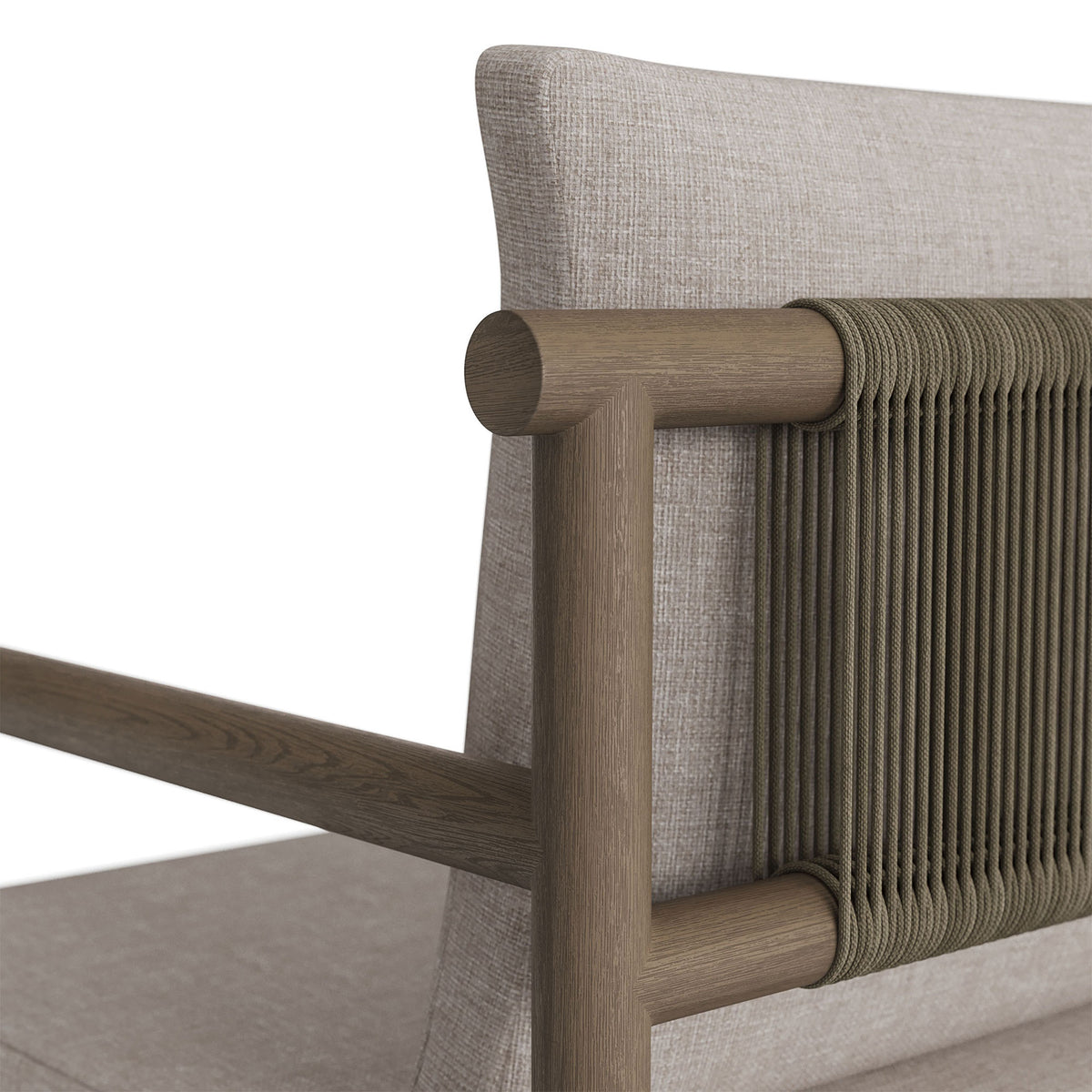 Close up of round gray teak frame and taut rope detail behind the pebble back cushion. || EEI-7561-WGR-PEB || detail_studio